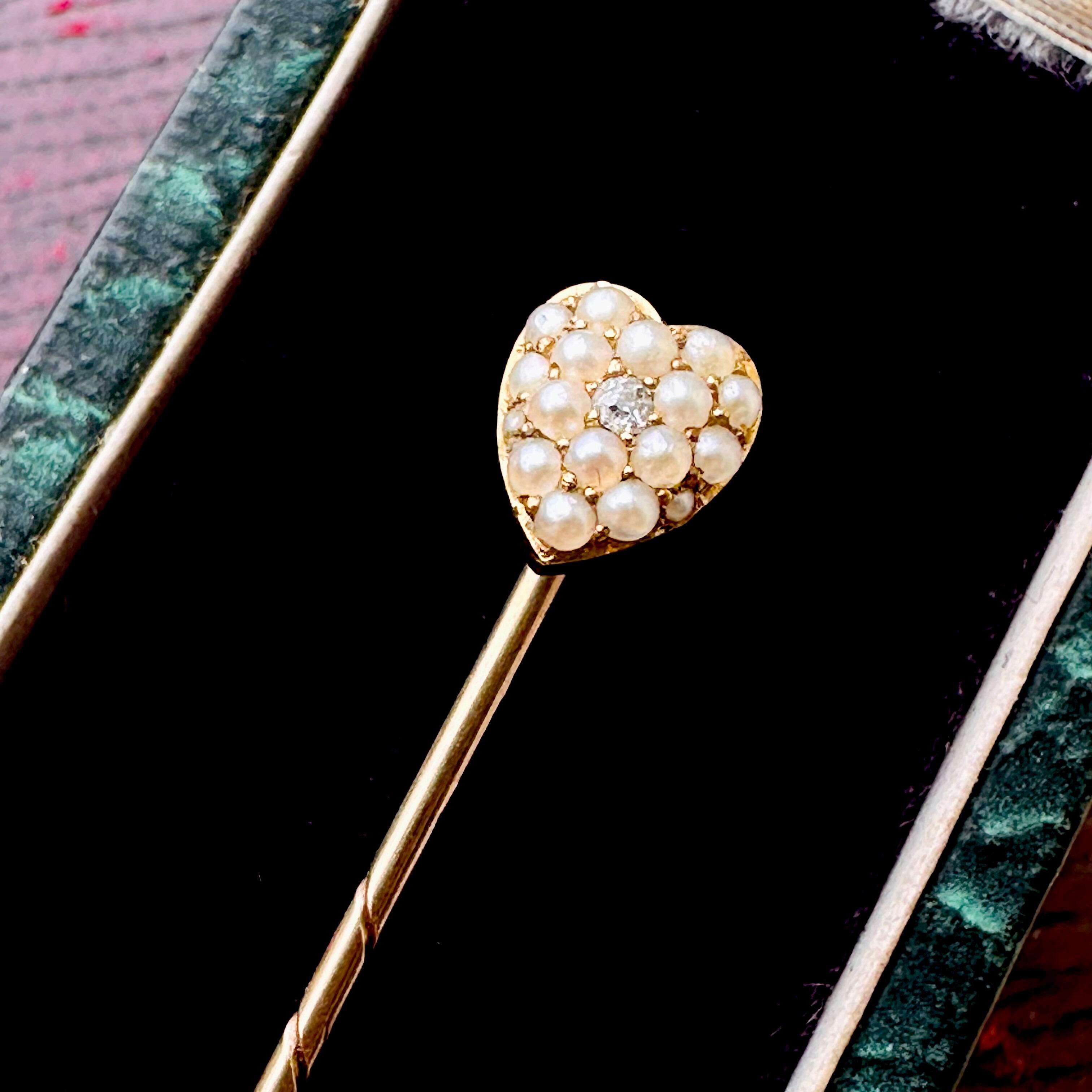 15k Gold Heart-Shaped Pearl & Diamond Stick Pin displayed in antique box