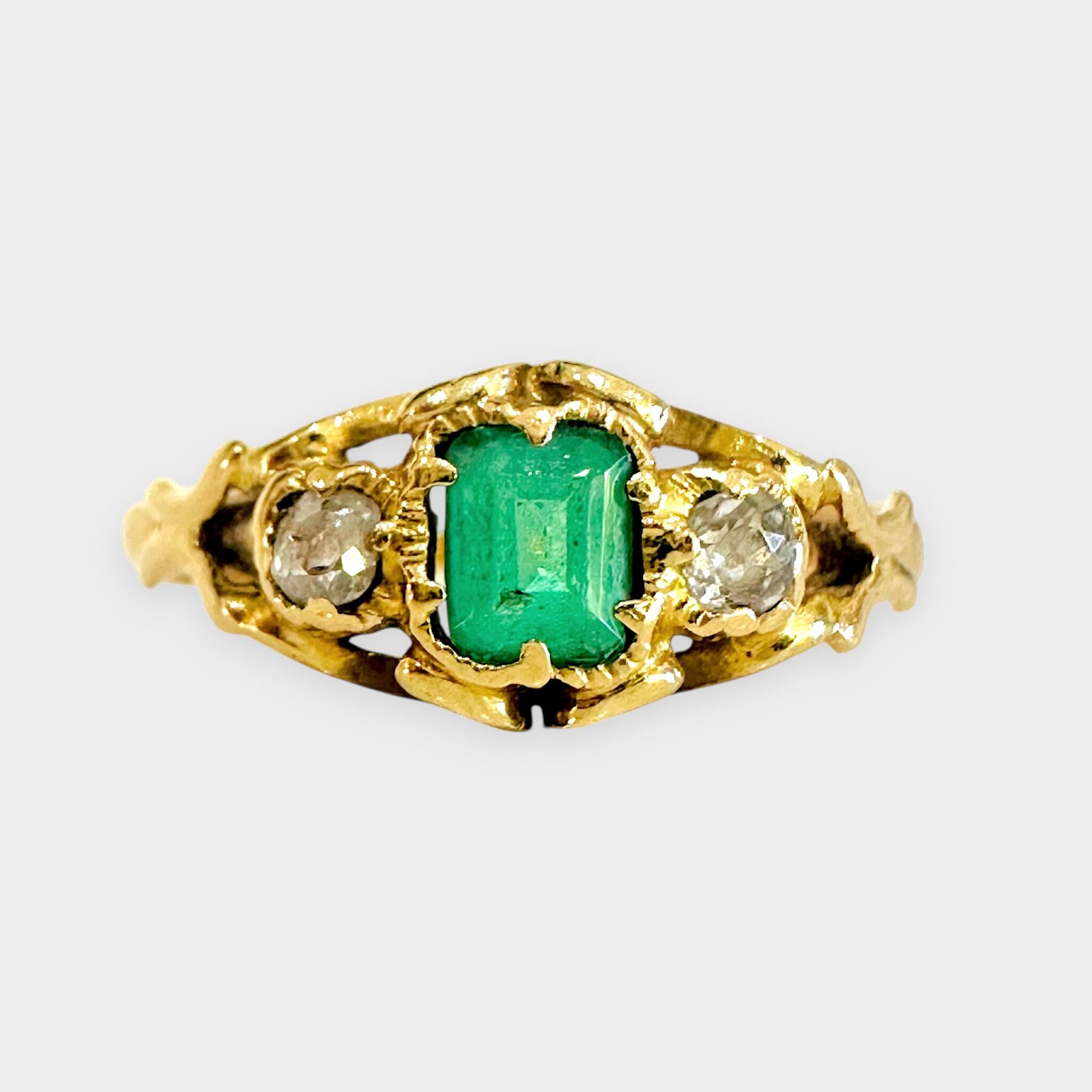 front view of Emerald & Diamond Three Stone Victorian Ring with grey background