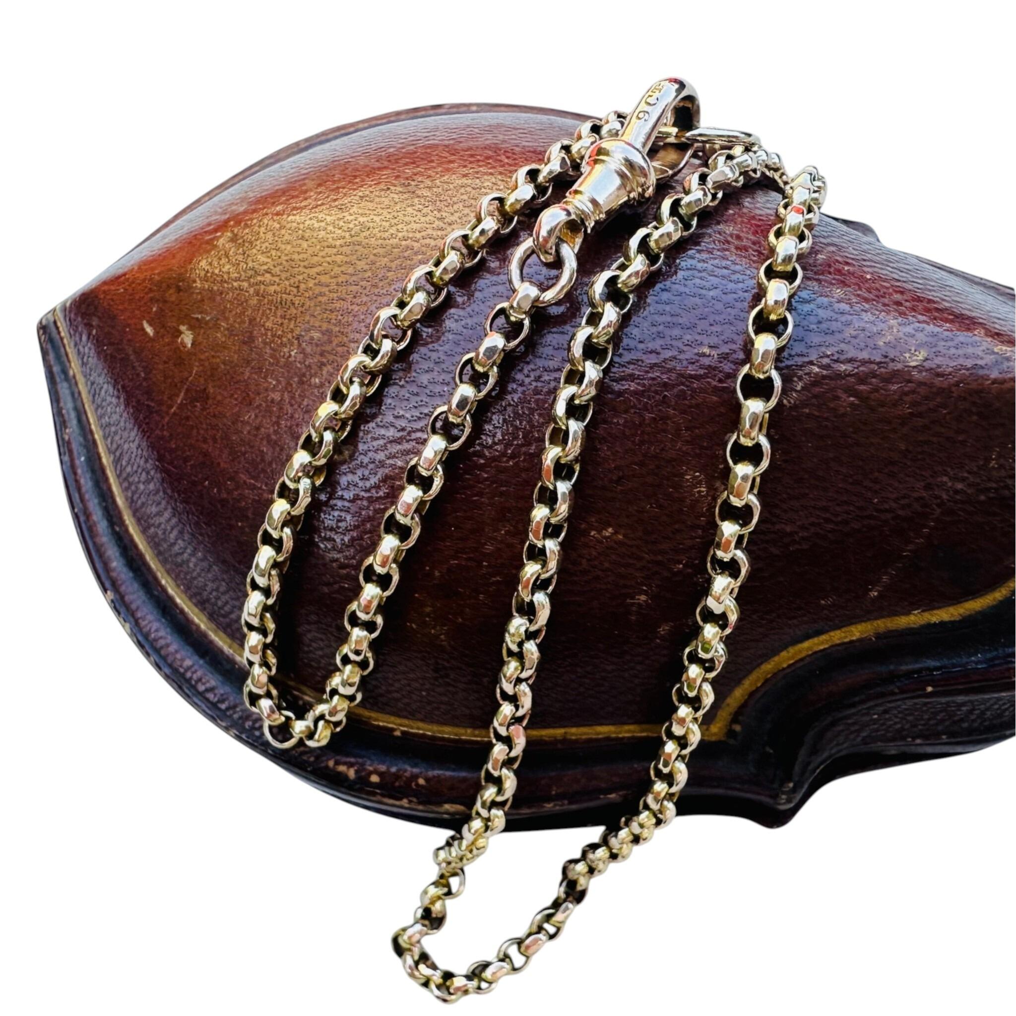 Antique Gold Belcher Link Chain Necklace & Dog Clip displayed over a red antique box