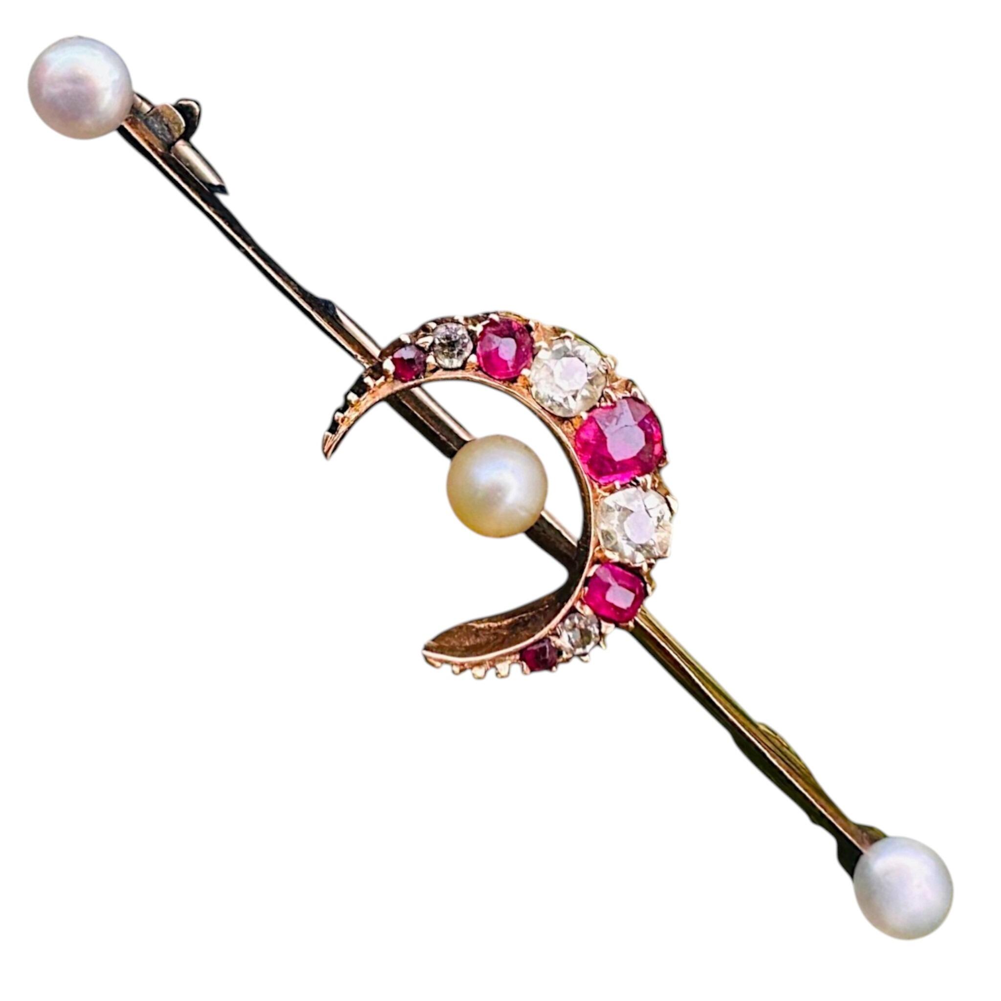15ct Gold Diamond, Ruby & Pearl Crescent Moon Brooch with white background