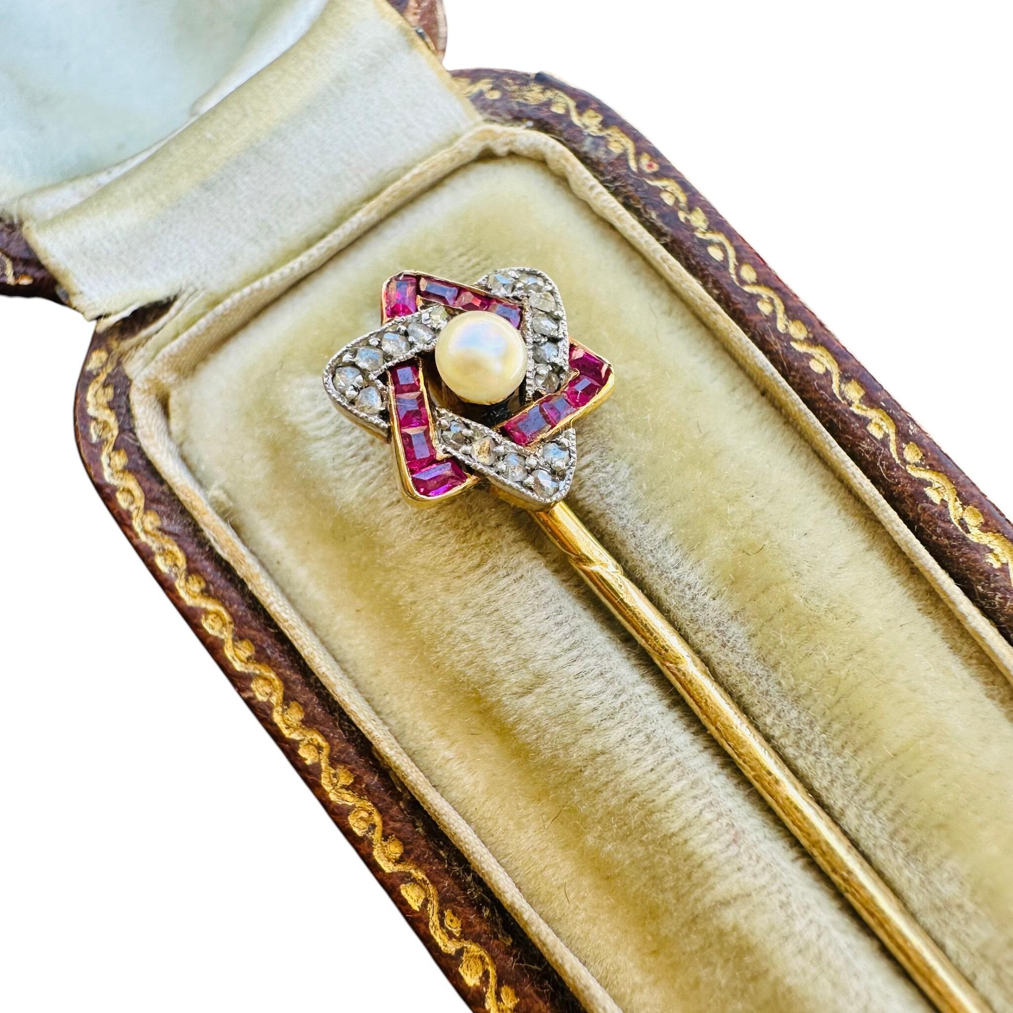 Antique Ruby Diamond & Pearl Star Stick Pin in Original Box with white background