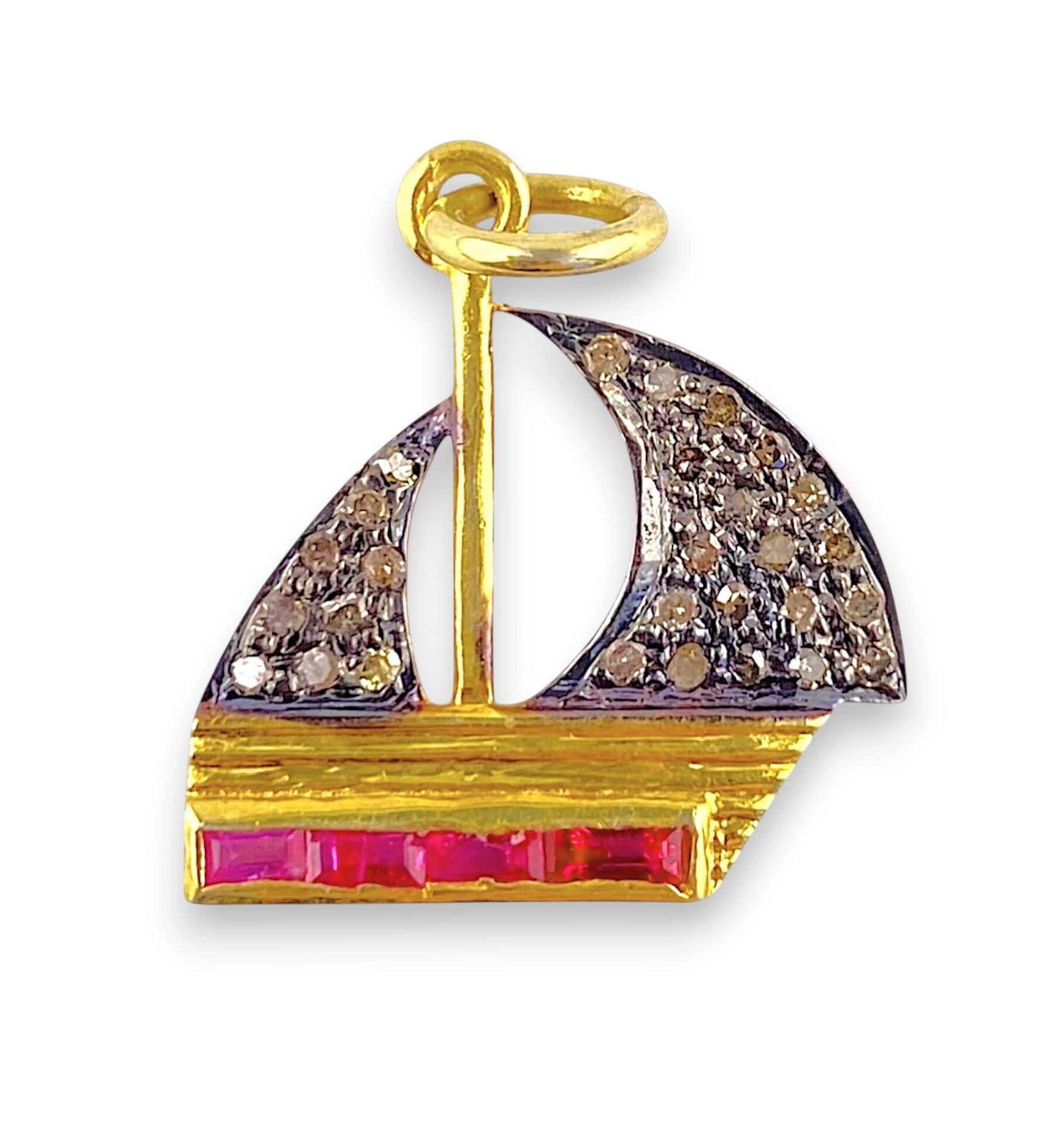 Vintage Diamond & Red Spinel Yacht Pendant Charm with white background