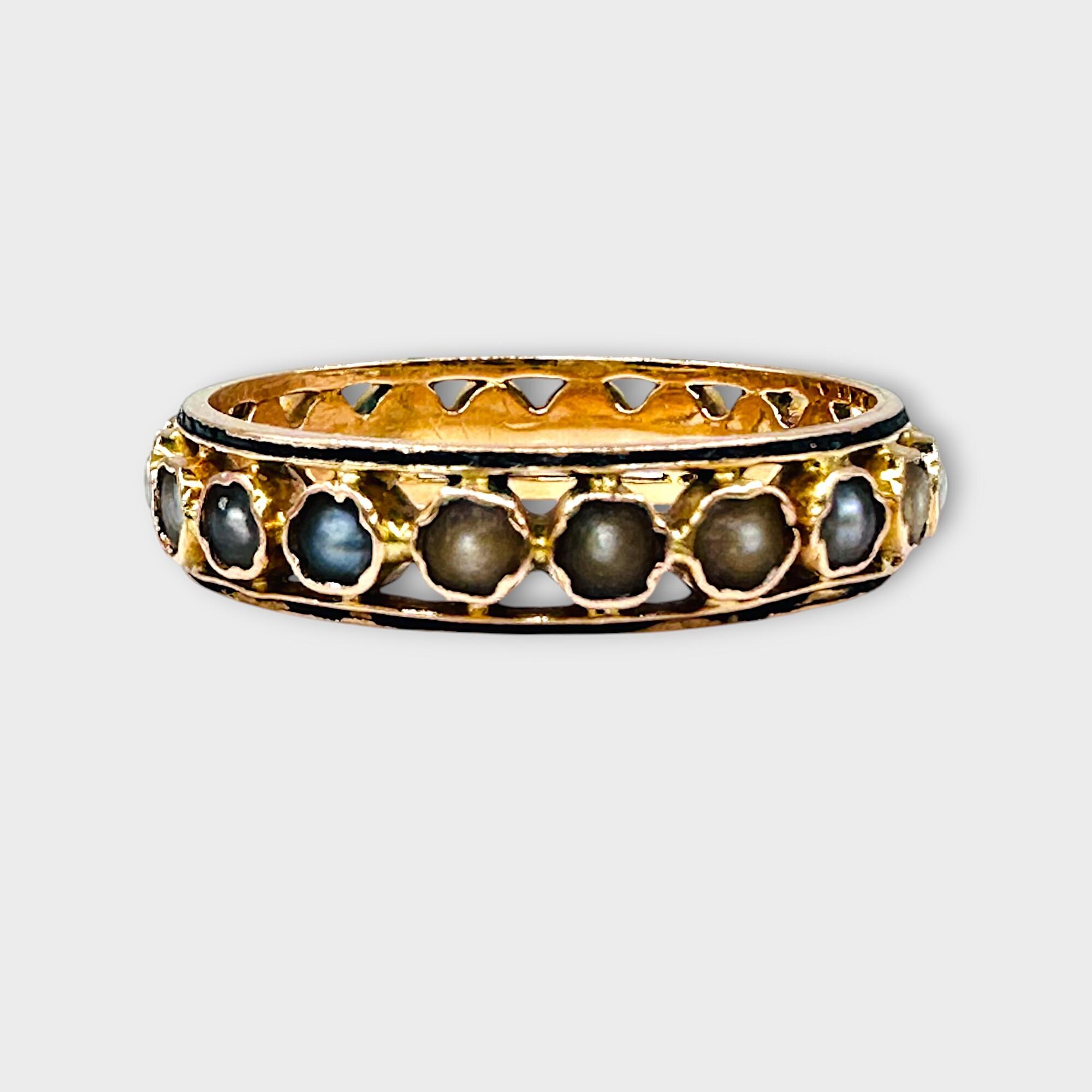 Rare, Antique, French 18ct, 18k, 750 Gold Natural Pearl & Enamel ring, Circa 1880 on grey background.