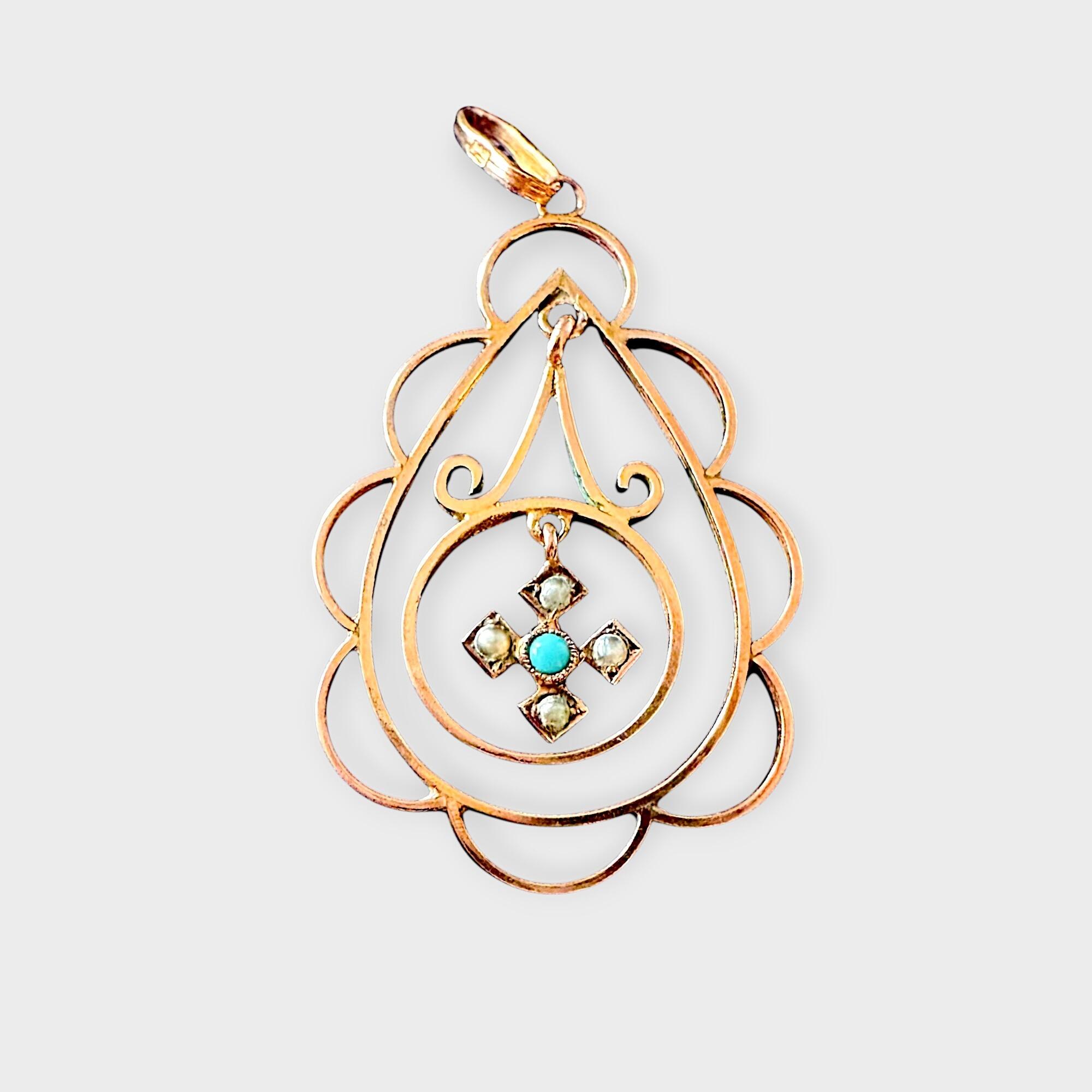 Art Nouveau 9k rose gold pendant with scalloped edge and pearl and turquoise centre on grey background.