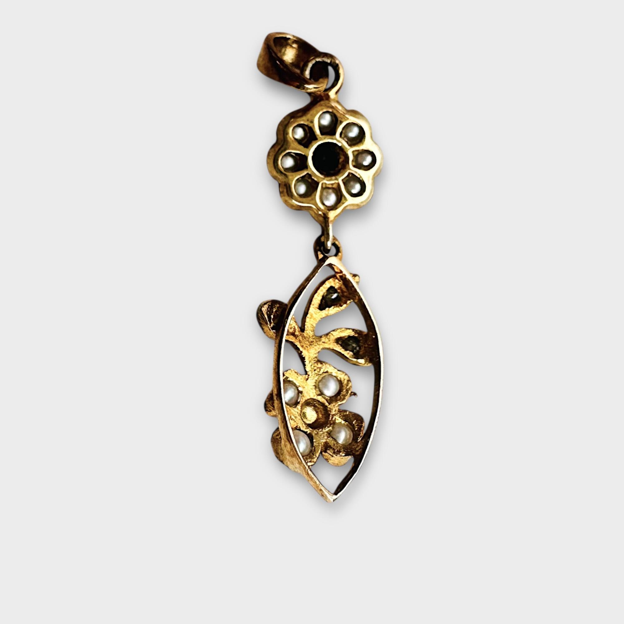 rear view and close up, Edwardian Style Emerald, Pearl & Diamond Pendant in Silver & 9k Gold with grey background.