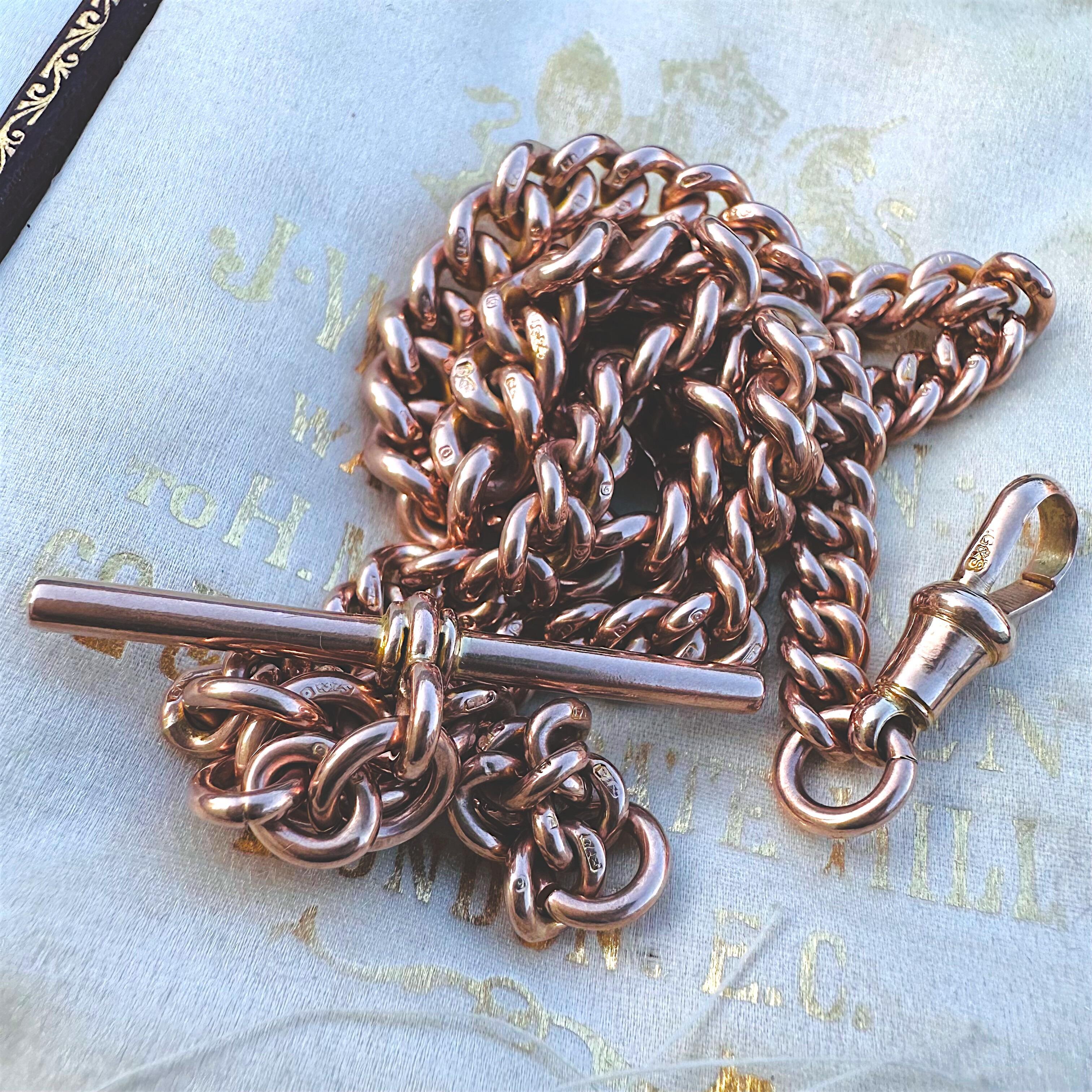 Antique 1924 Chester Hallmarked 9k Rose Gold Heavy Albert Chain displayed on antique box