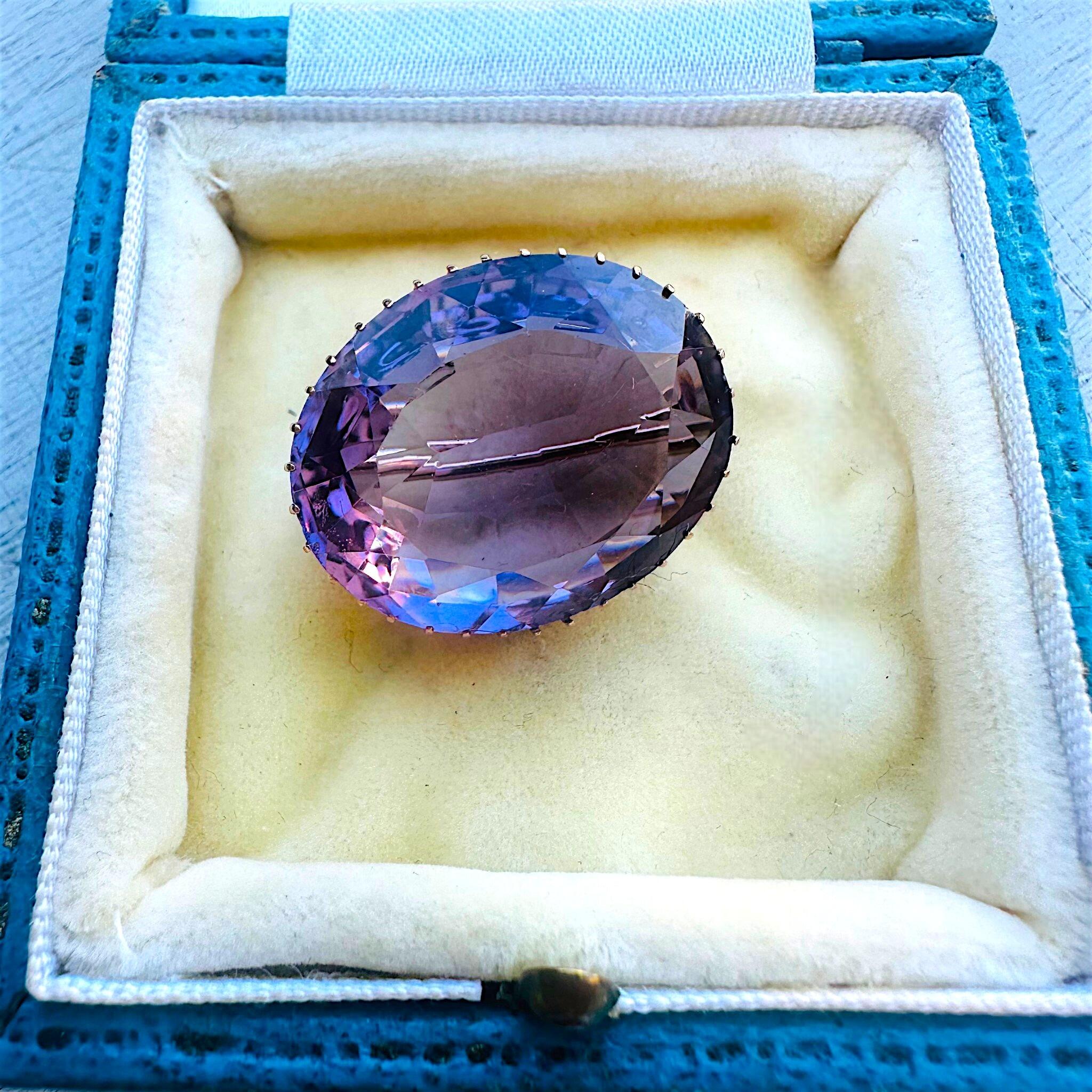 Victorian Amethyst Brooch 15k Gold, Rose de France Amethyst Oval Brooch displayed on antique box