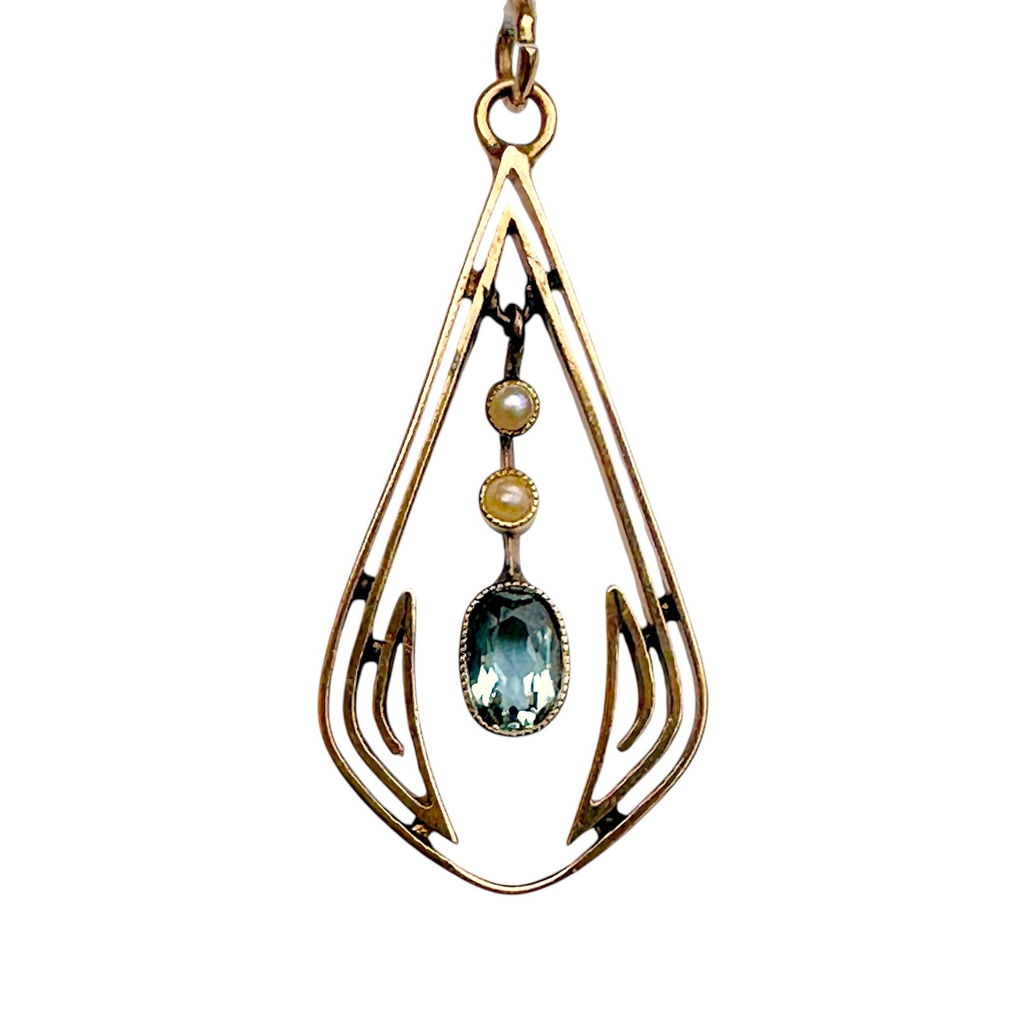 front view of Antique Edwardian 15k Rose Gold Aquamarine & Seed Pearl Pendant with white background