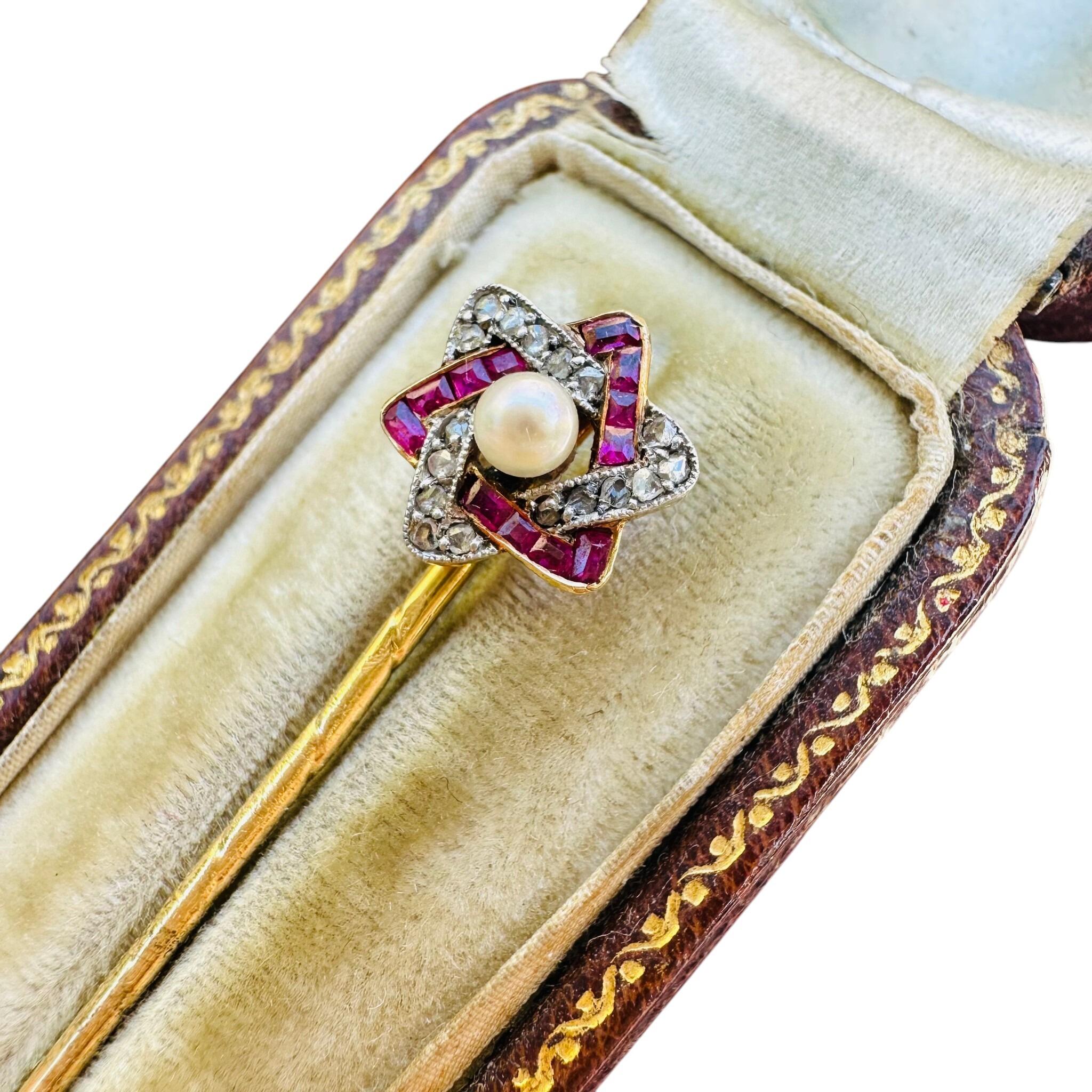 Antique Ruby Diamond & Pearl Star Stick Pin in Original Box with white background