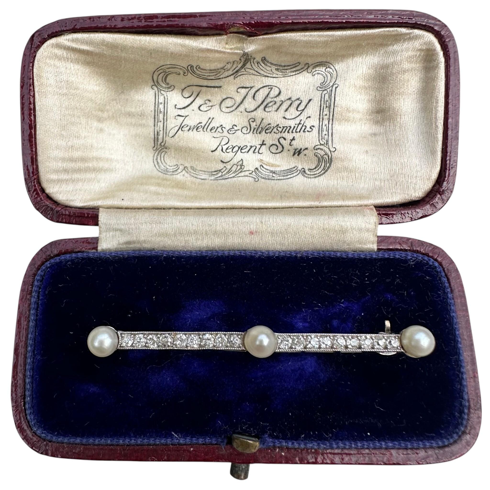 Antique Edwardian Platinum Diamond & Pearl Bar Brooch  displayed in original box  with white background