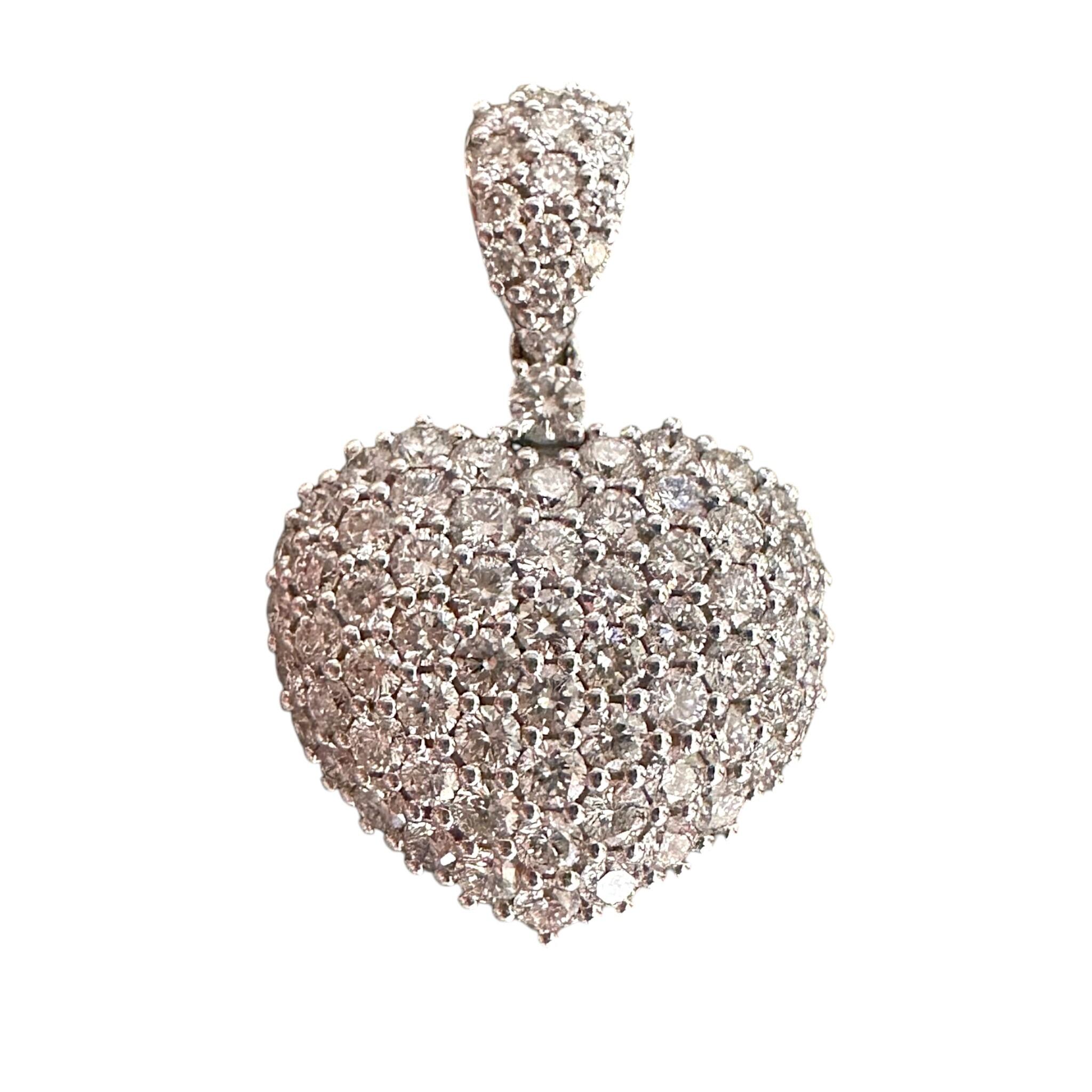 front view of 18k White Gold Diamond Pavé Heart Pendant	with white background