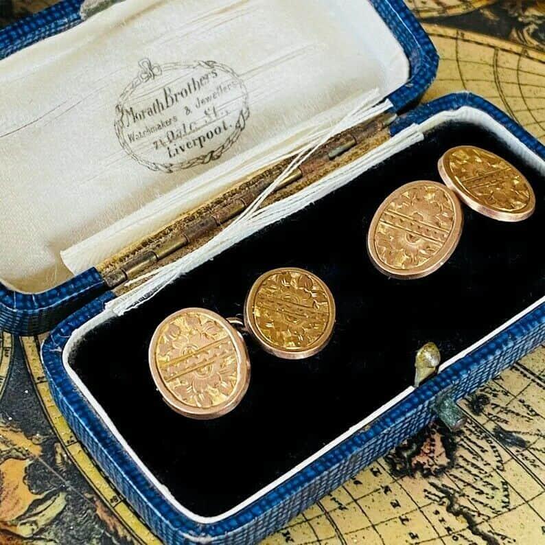 Antique 1900 Gents 9ct Rose Gold Cufflinks with Foliate Engraving and Chain Attachment, Hallmarked Birmingham, 3.7g