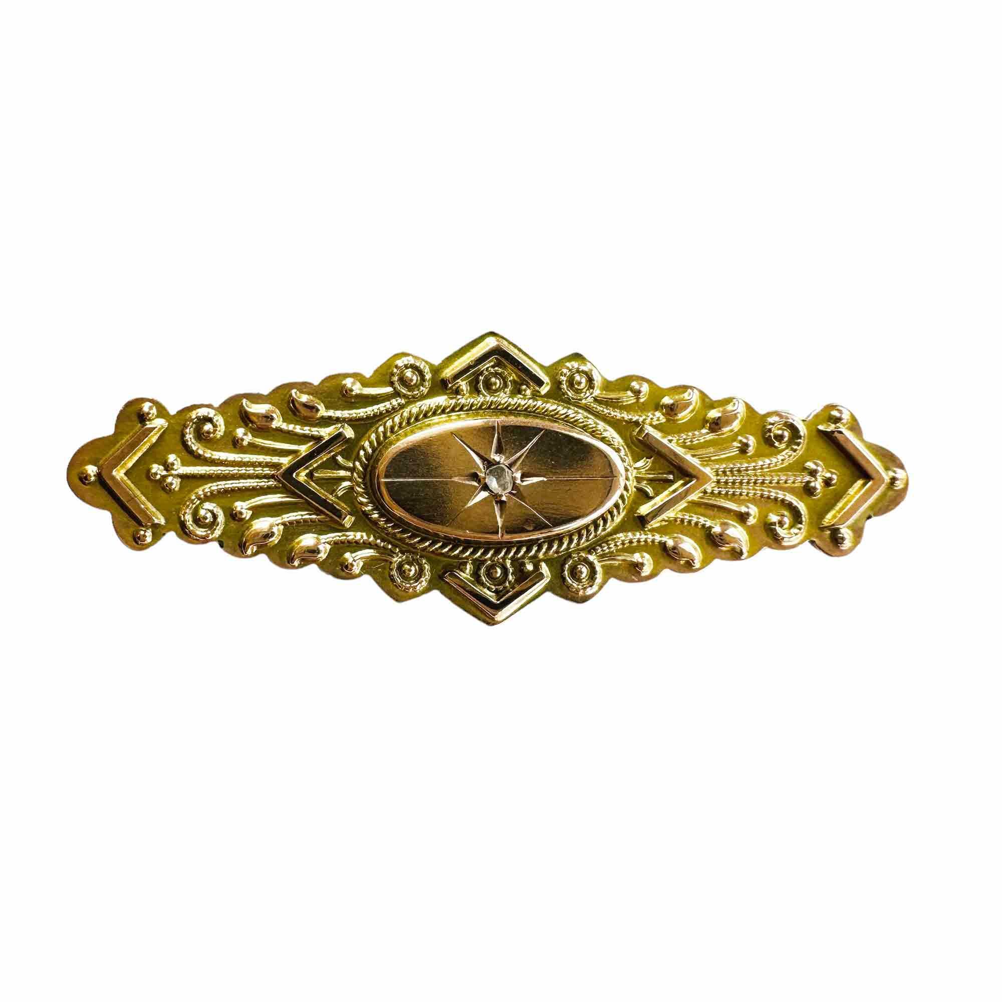 Victorian Etruscan Revival 9ct Gold Diamond Brooch with Raised Central Section, Gold Rope, Beading, Foliate Design, and Locket Back