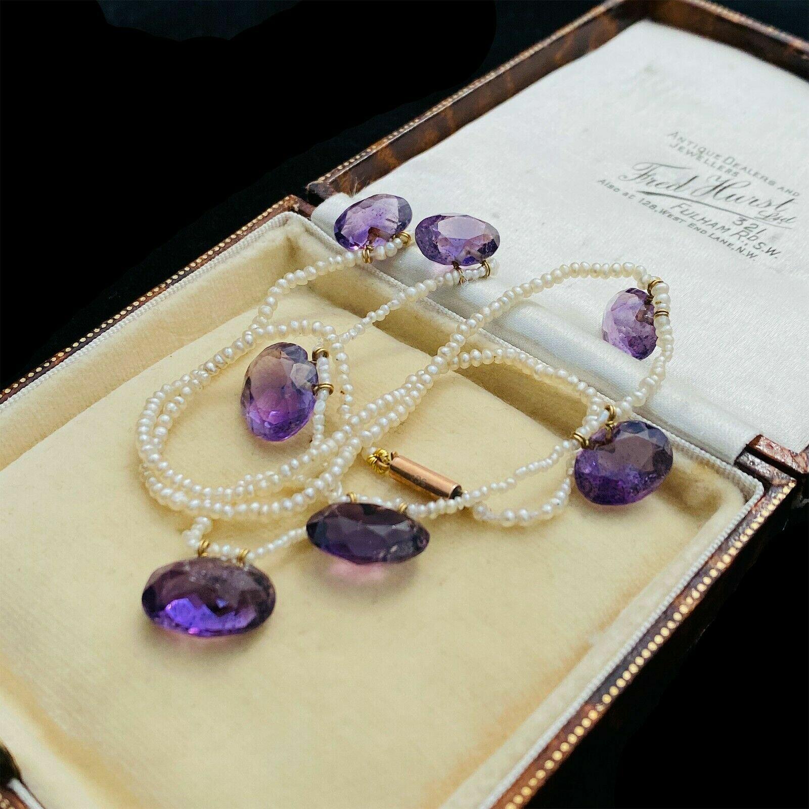 Antique necklace from Late Victorian, Early Edwardian era with basra pearls and Amethyst gemstones. Perfect for a debutante ball.