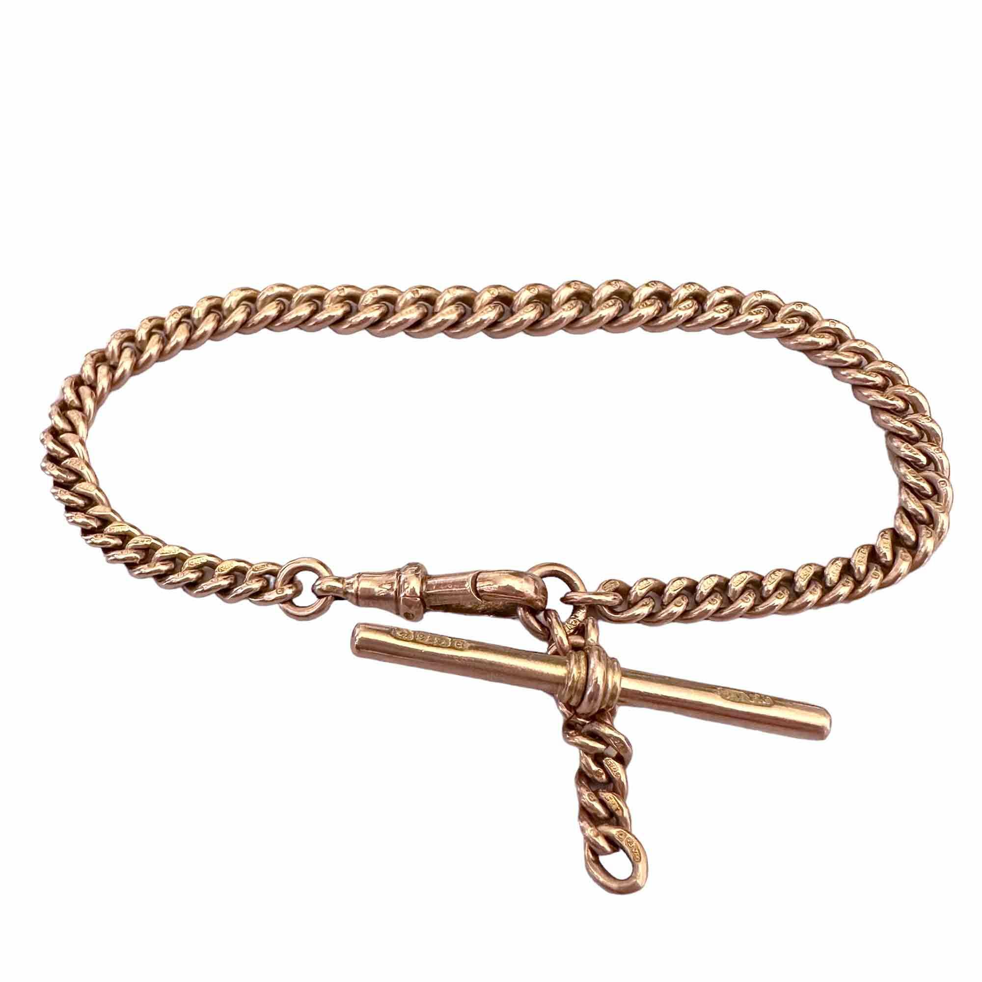 Edwardian 9ct rose gold graduated curb link bracelet with T-bar and chain drop, 7.5 to 8.5 inches, 6mm to 4mm width, 18 grams.