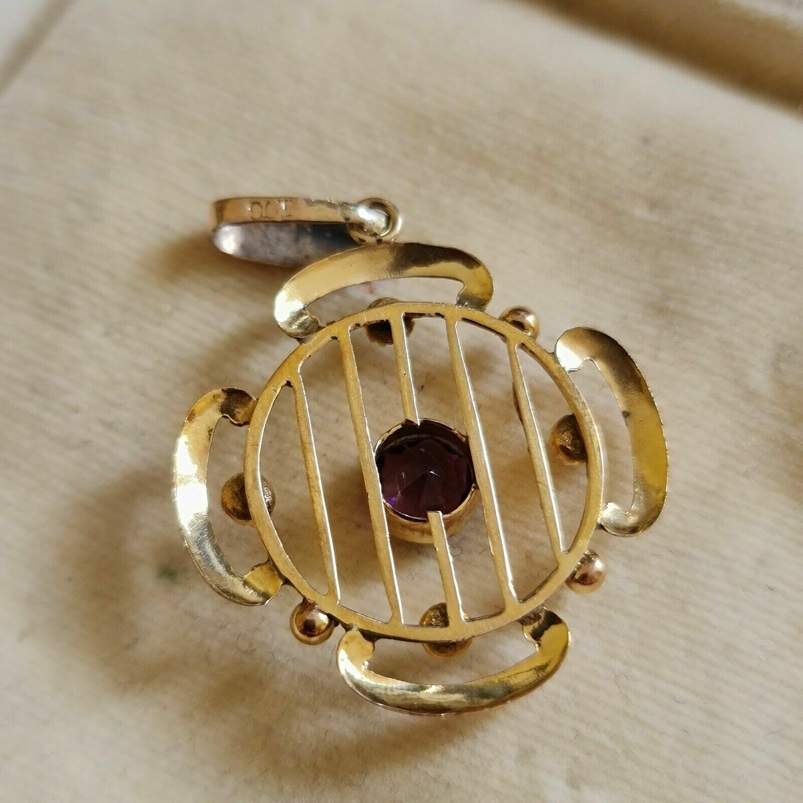 9ct Yellow Gold Lavaliere Pendant with Amethyst & Seed Pearls in Art Nouveau Design, Edwardian Era, 25x37mm, 1.6g