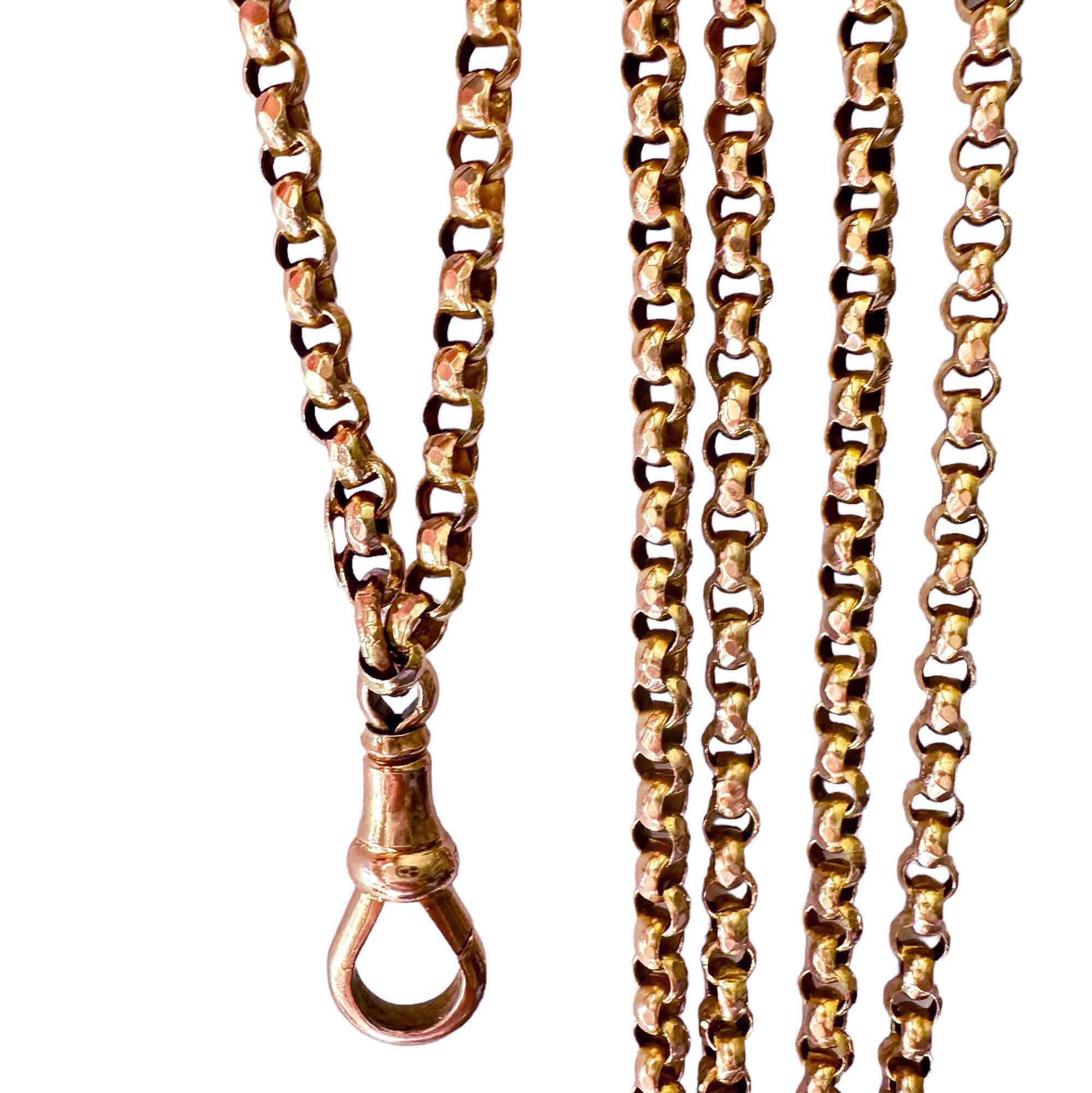 Antique 9ct gold faceted belcher link chain with dog clip fitting, 58 inches long, Edwardian era, versatile statement necklace