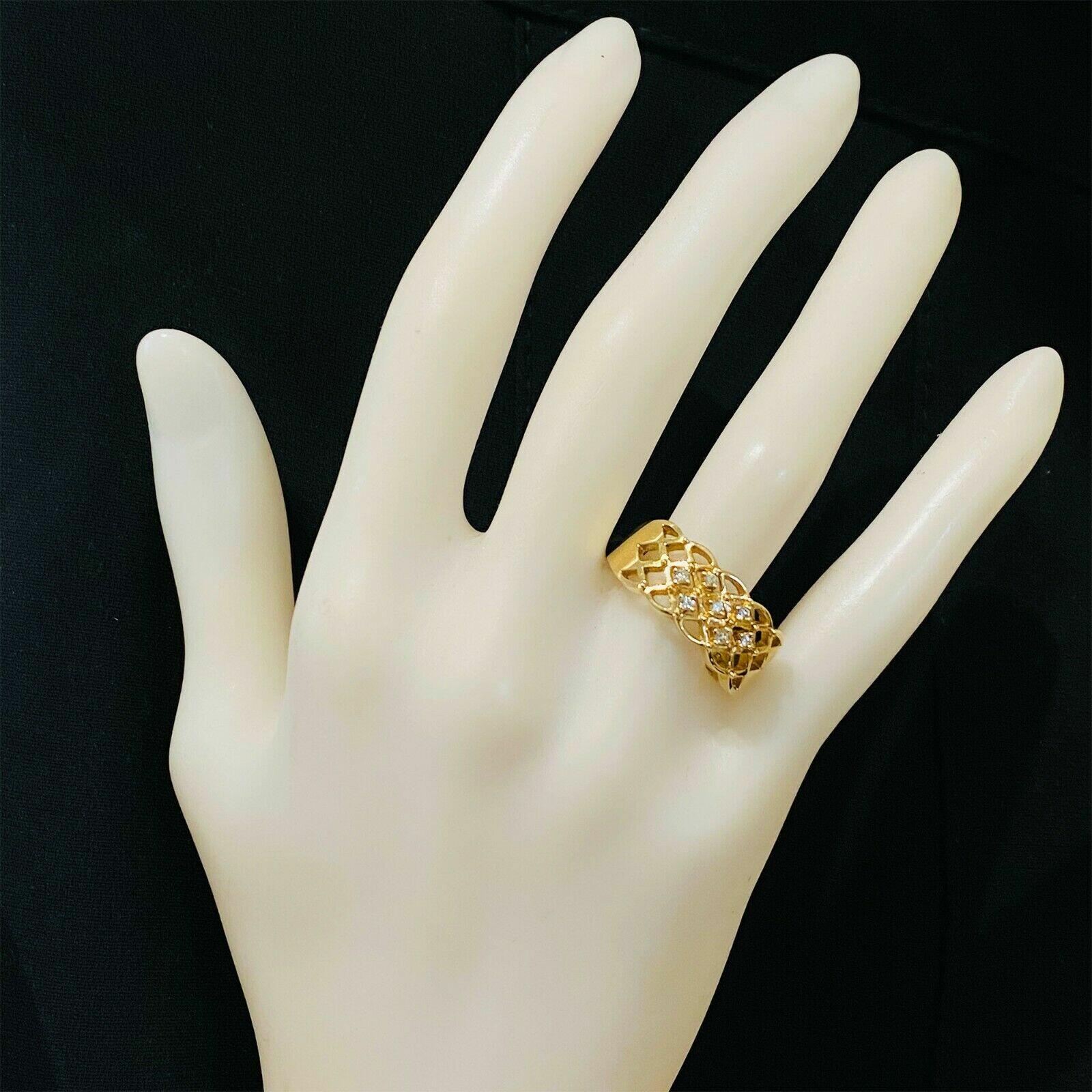 14ct solid gold ring with open lattice design, diamond studded, 3mm shank, 9.5x20.5mm head, 7 diamonds, size UK T, USA 9.75