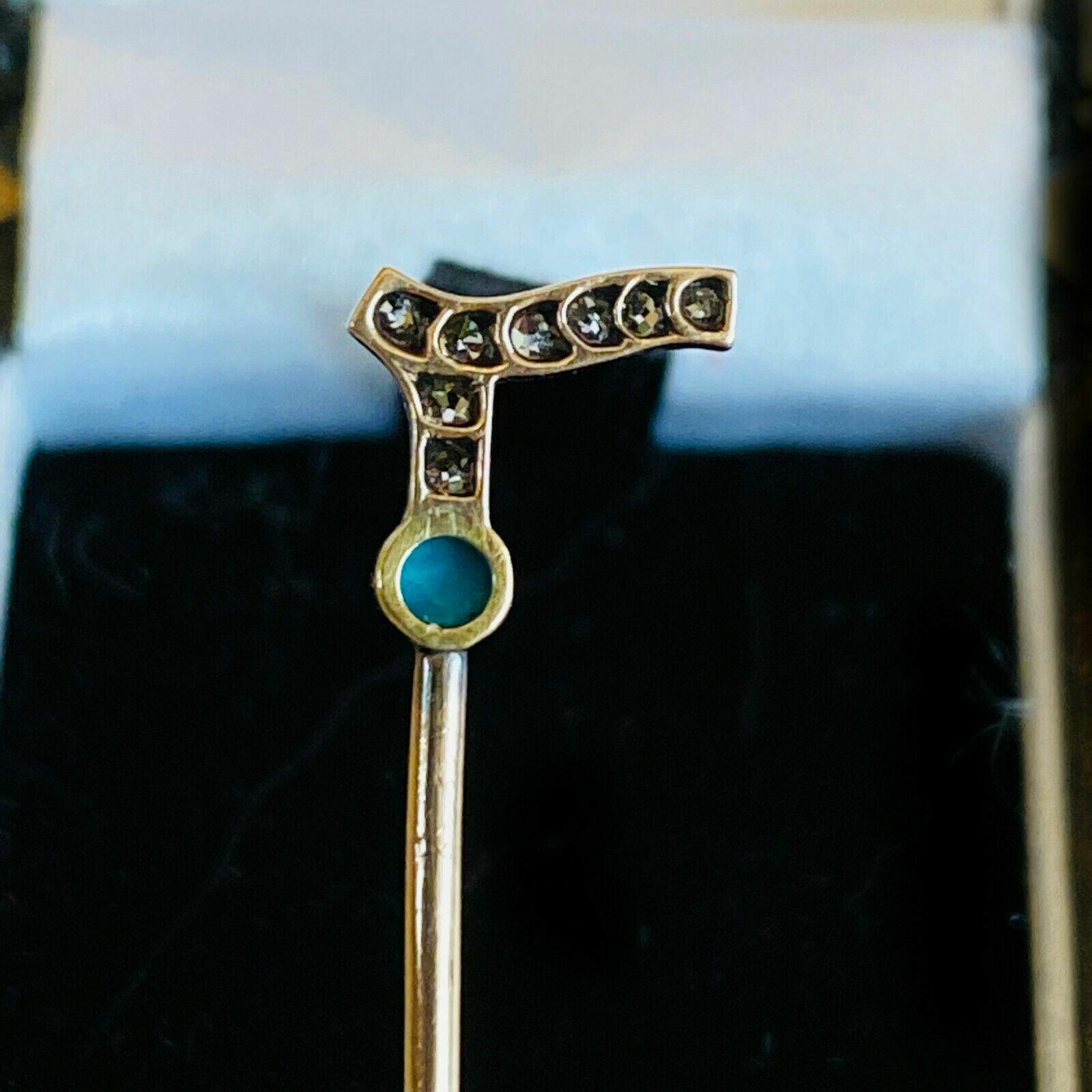 Edwardian antique walking stickpin with old-cut diamonds and cabochon turquoise in white and rose gold, perfect for vintage weddings