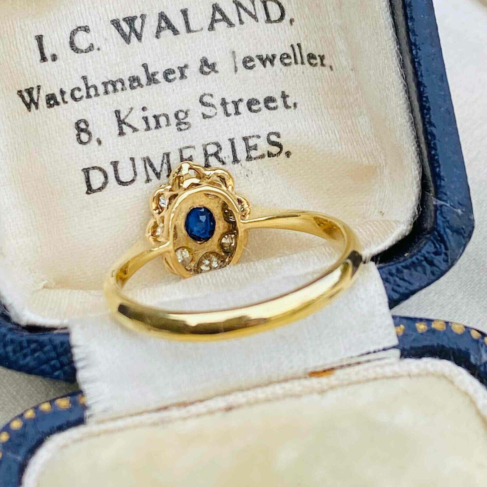 Vintage Art Deco Sapphire & Diamond Cluster Ring in 18ct Yellow Gold & Platinum Setting, Size UK: K 1/2 USA: 5.5