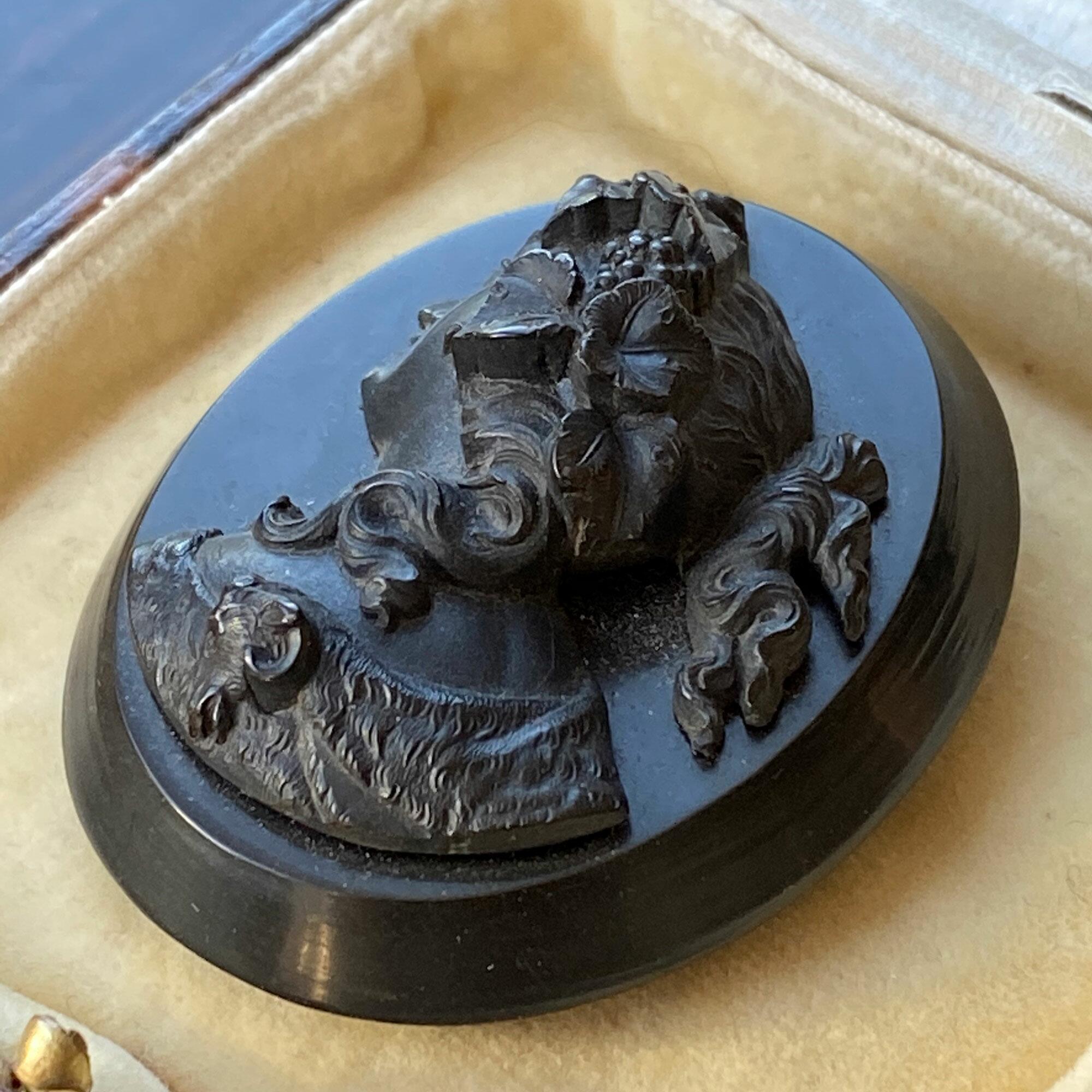 Victorian Whitby Jet Bacchante Cameo Brooch with Ram's Head Detail, Antique Condition, 42 x 50mm, 15g