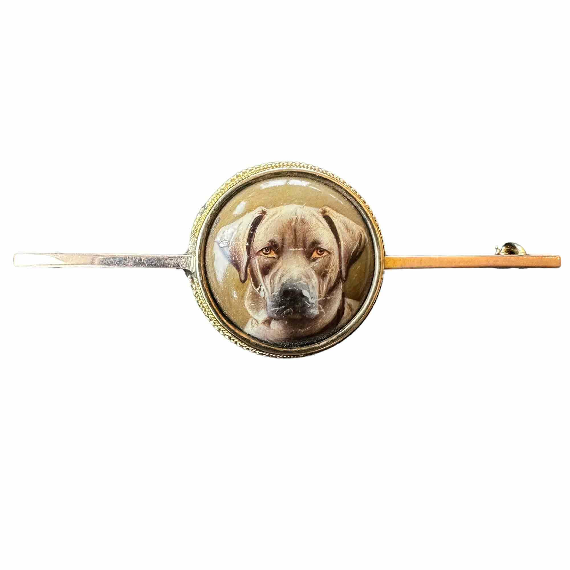 Victorian 9ct Gold Bar Brooch with Hand-Painted Canine Enamel by William Bishop Ford, 1875, Antique Jewelry