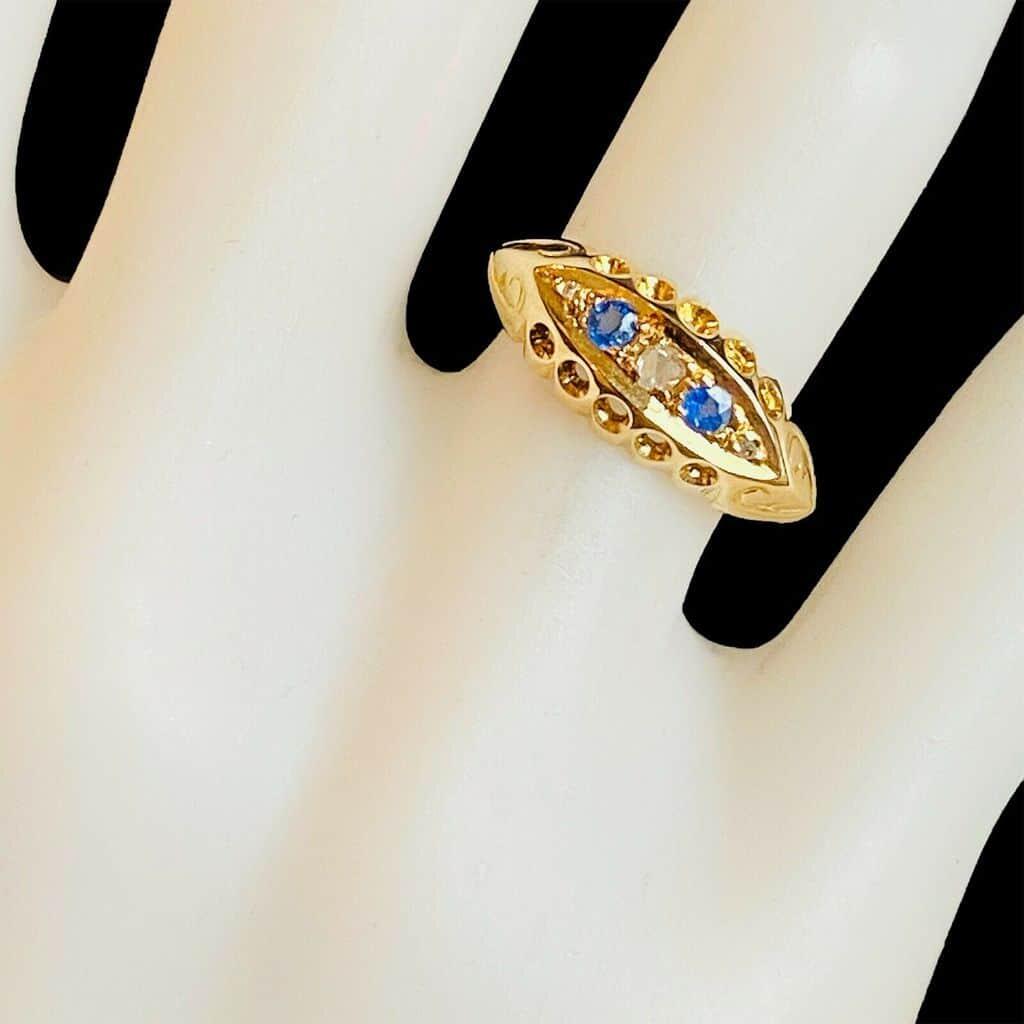 Antique 18ct Yellow Gold Ring with Diamonds and Sapphires, 1918, UK Size K 1/2, USA Size 5.5
