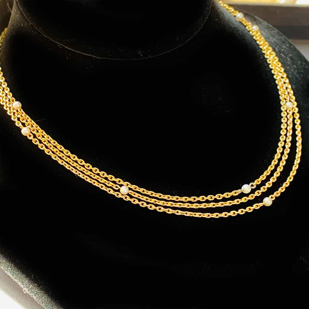 Antique triple row pearl and gold chain necklace with seed pearl stations, 14ct yellow gold, Art Nouveau, 15.25-16.5 inches