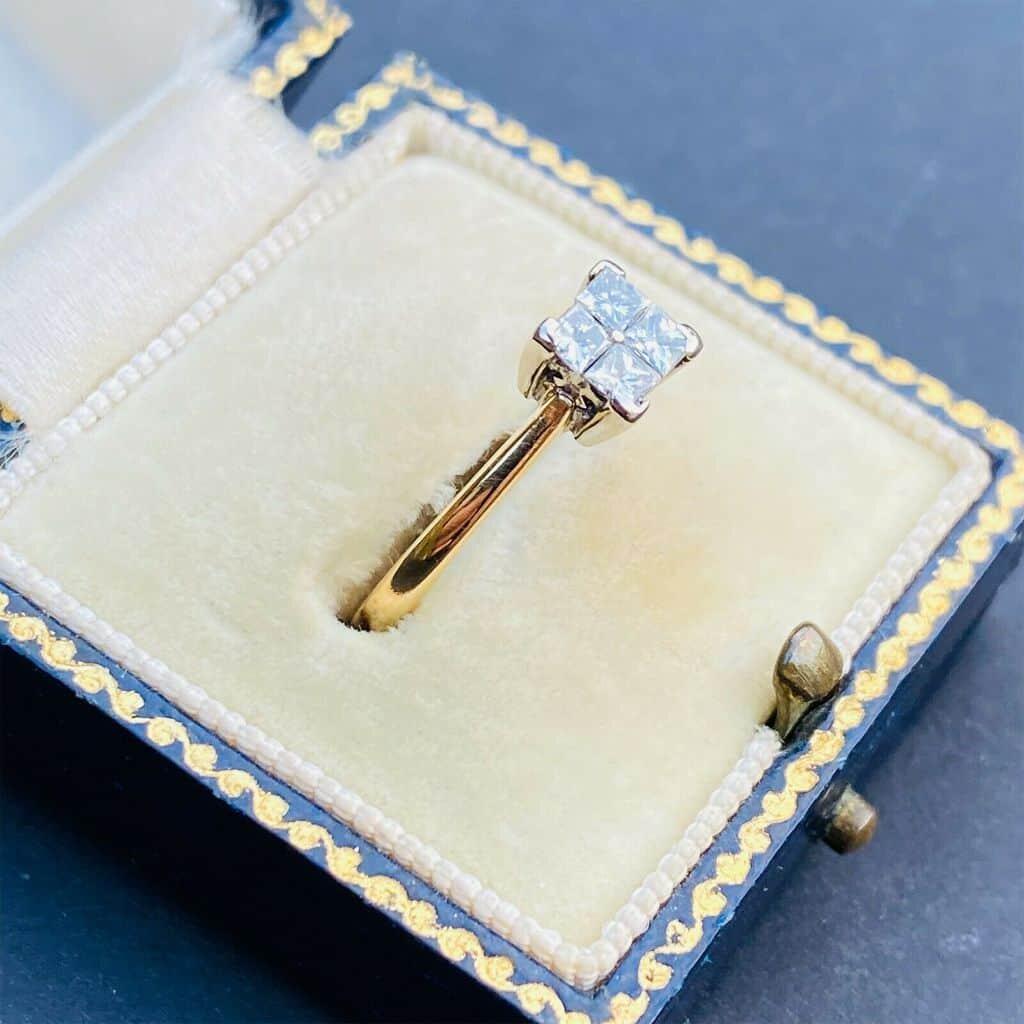 Princess-cut diamond cluster ring with invisible setting, 0.40ct total carat weight, 18ct yellow gold, size UK N/USA 6.75, modern design.