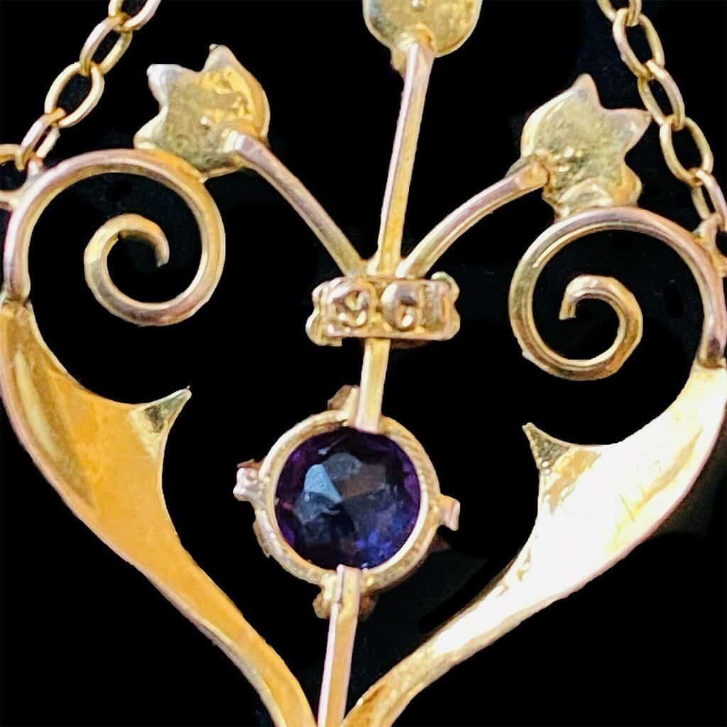 Antique Edwardian Art Nouveau 9ct Gold Amethyst Pearl Pendant with Caged Pearl Drop, Birthstone Jewelry, 16" Chain, Very Good Condition