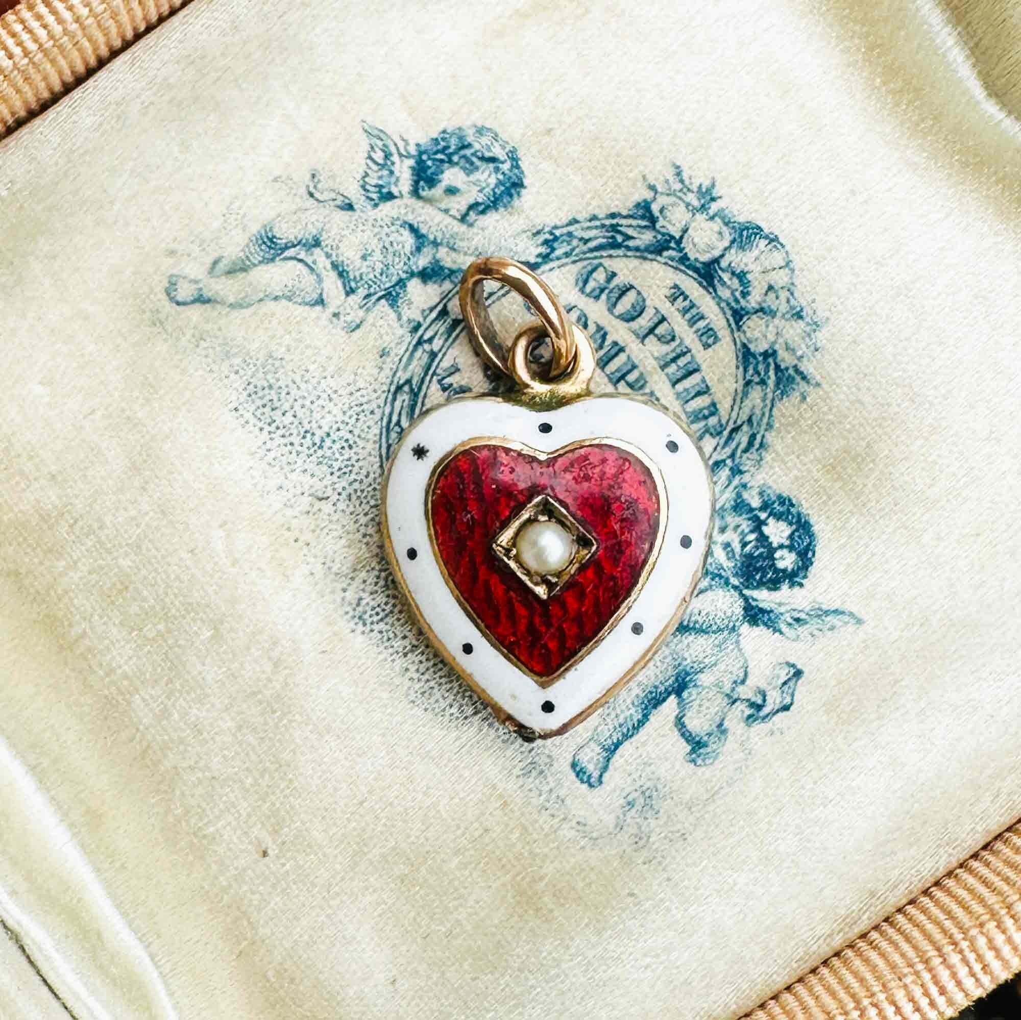 Victorian Antique Pearl and Enamel Heart Pendant in 9ct Rose Gold, Romantic Charm with Seed Pearl and Red Enamel, Delicate and Charming Design