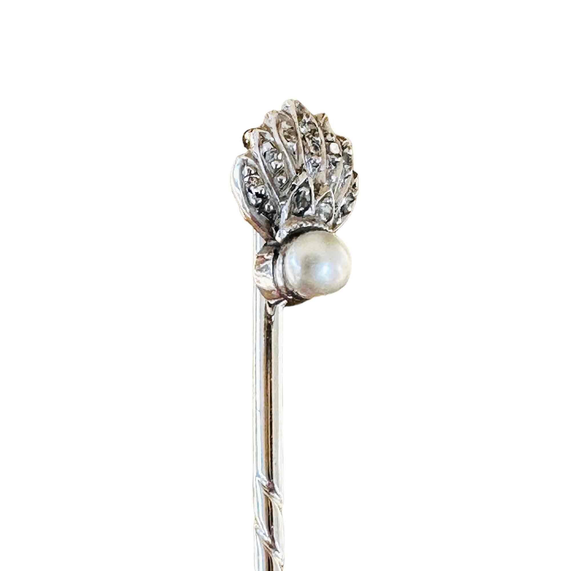 Royal Fusiliers Regimental stickpin with diamond-encrusted grenade badge, saltwater pearl, and barley twist pin, Art Deco era.