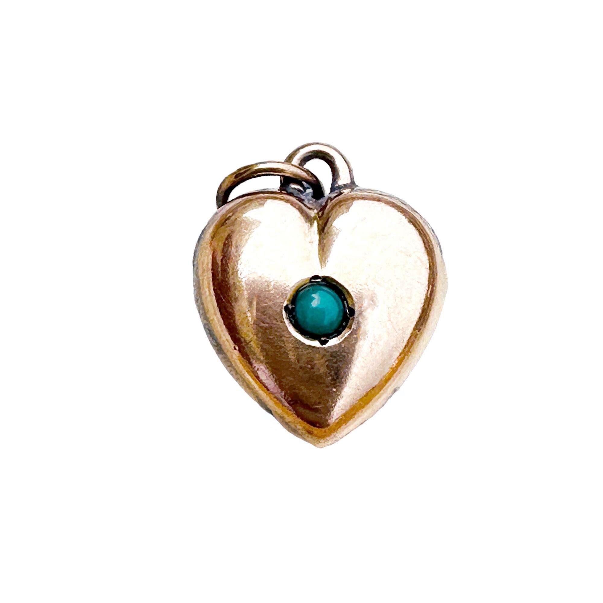 Victorian 15ct rose gold puffy heart pendant with turquoise cabochon, perfect for charm bracelet or necklace, 12.5x19.5mm, 1.2g