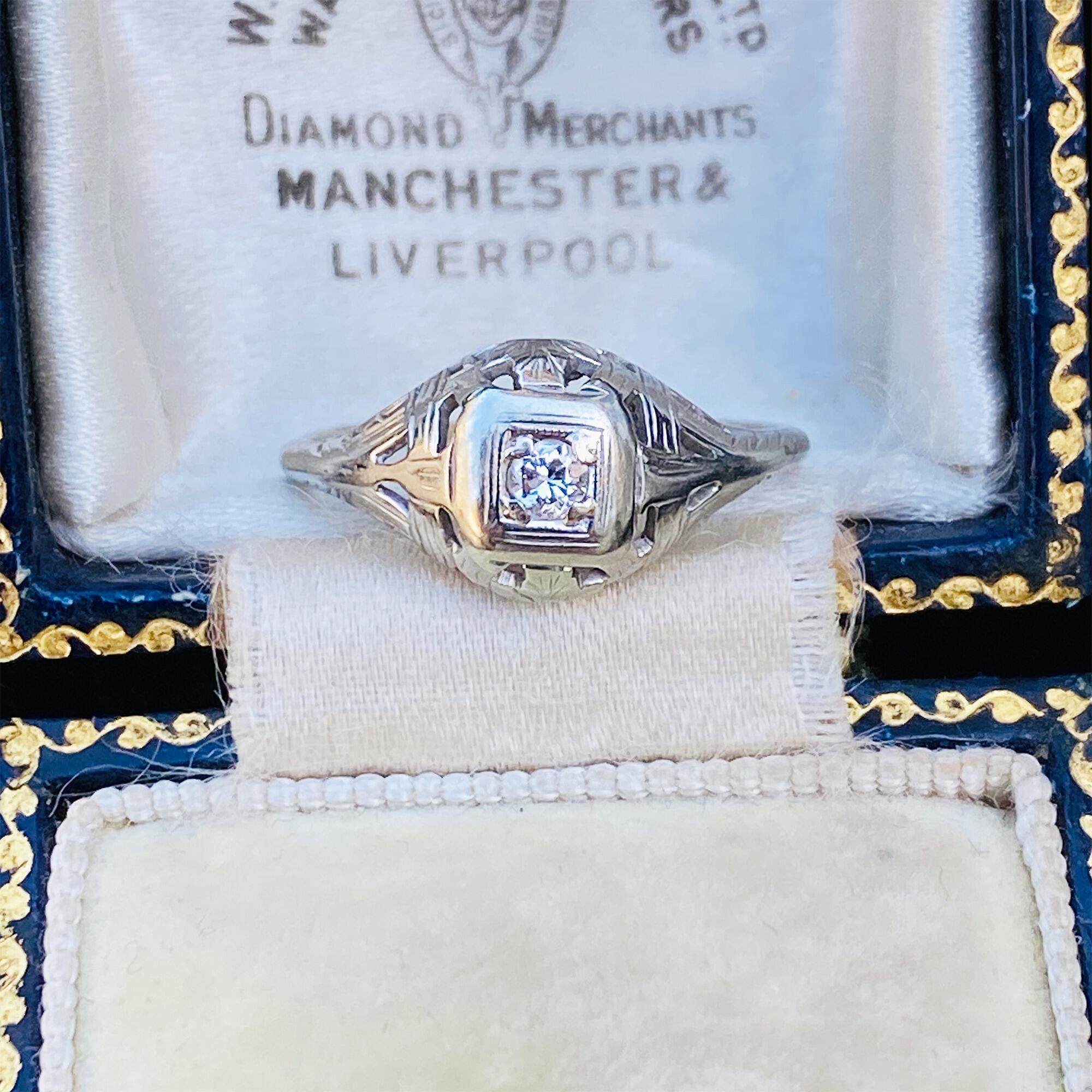 Art Deco 18ct white gold ring with solitaire diamond in geometric setting. Perfect for engagement or dress ring, size UK: L, USA: 6.