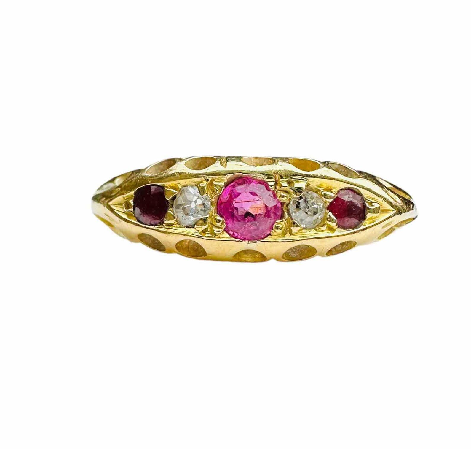 Victorian 18ct yellow gold ring with three rubies and two rose-cut diamonds in a scrolling gallery, perfect for engagement or stacking.