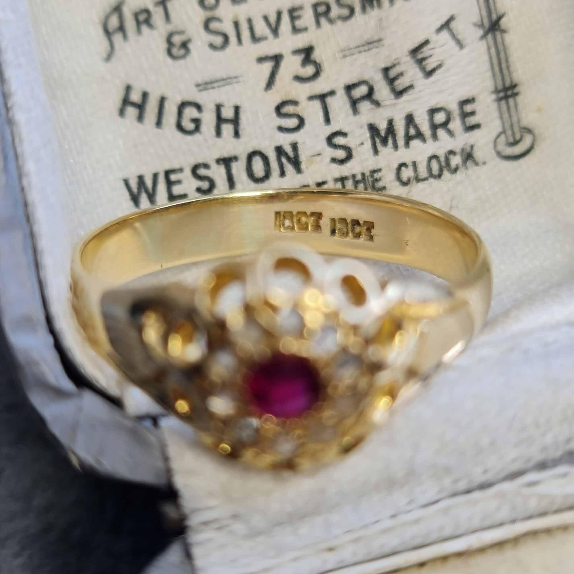 Victorian ring with magenta-red ruby and rose-cut diamonds in 18ct yellow gold, UK size P, 3.5 grams, resizable.