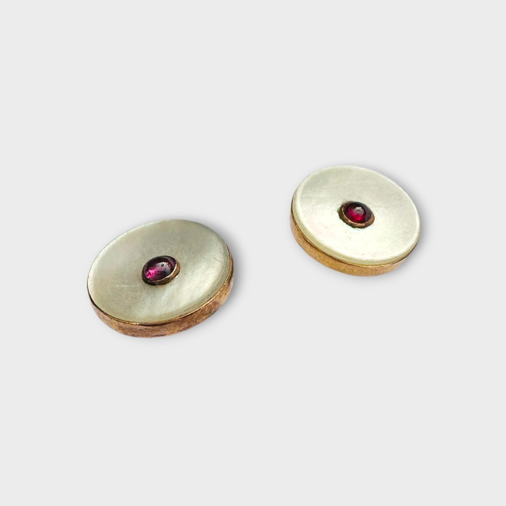 Art Deco gold earrings with mother of pearl, cabochon ruby, 9ct fittings, 13.2mm, 2.8g, birthstones for June and July