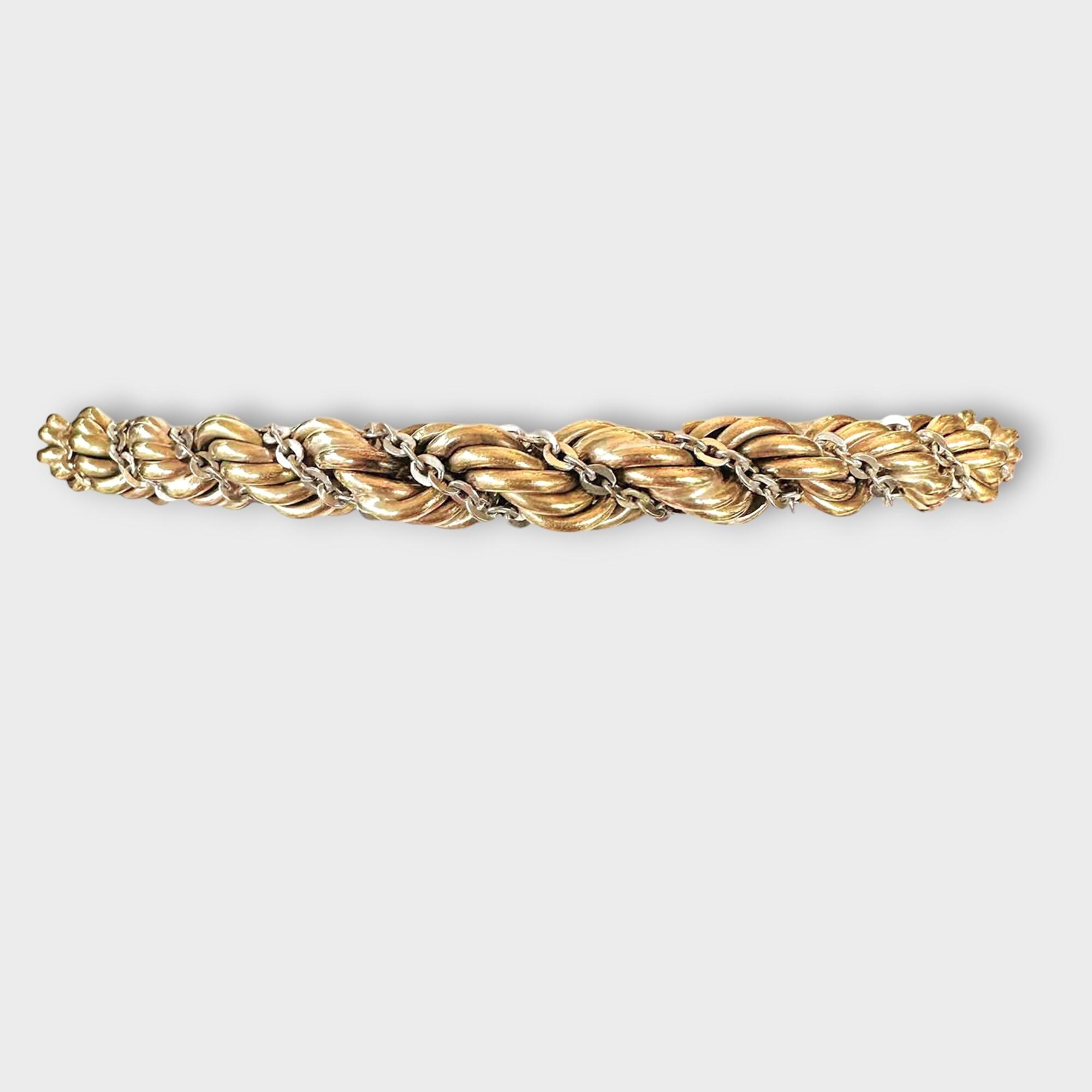 9ct gold rope bracelet with white gold rolo link chain, 7.5 inches long, 12.4 grams, bolt and jump ring fitting