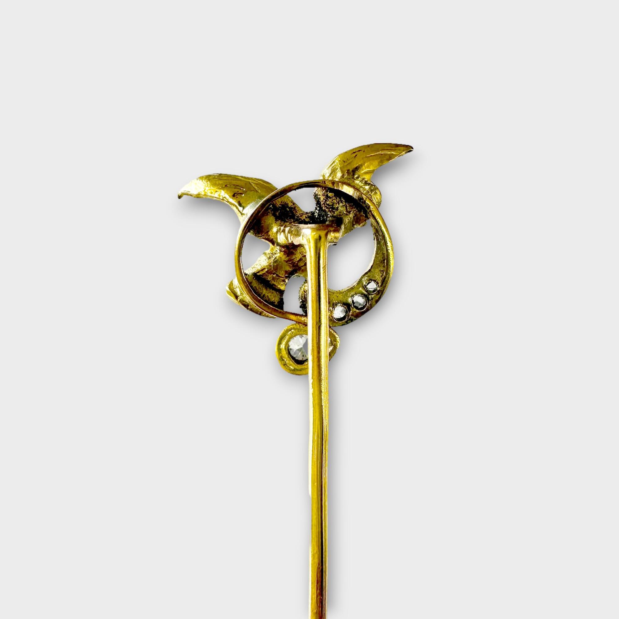 Circa 1930, 18ct gold eagle tie pin with diamonds, perfect for vintage weddings and heirlooms. Art Deco, very good condition.
