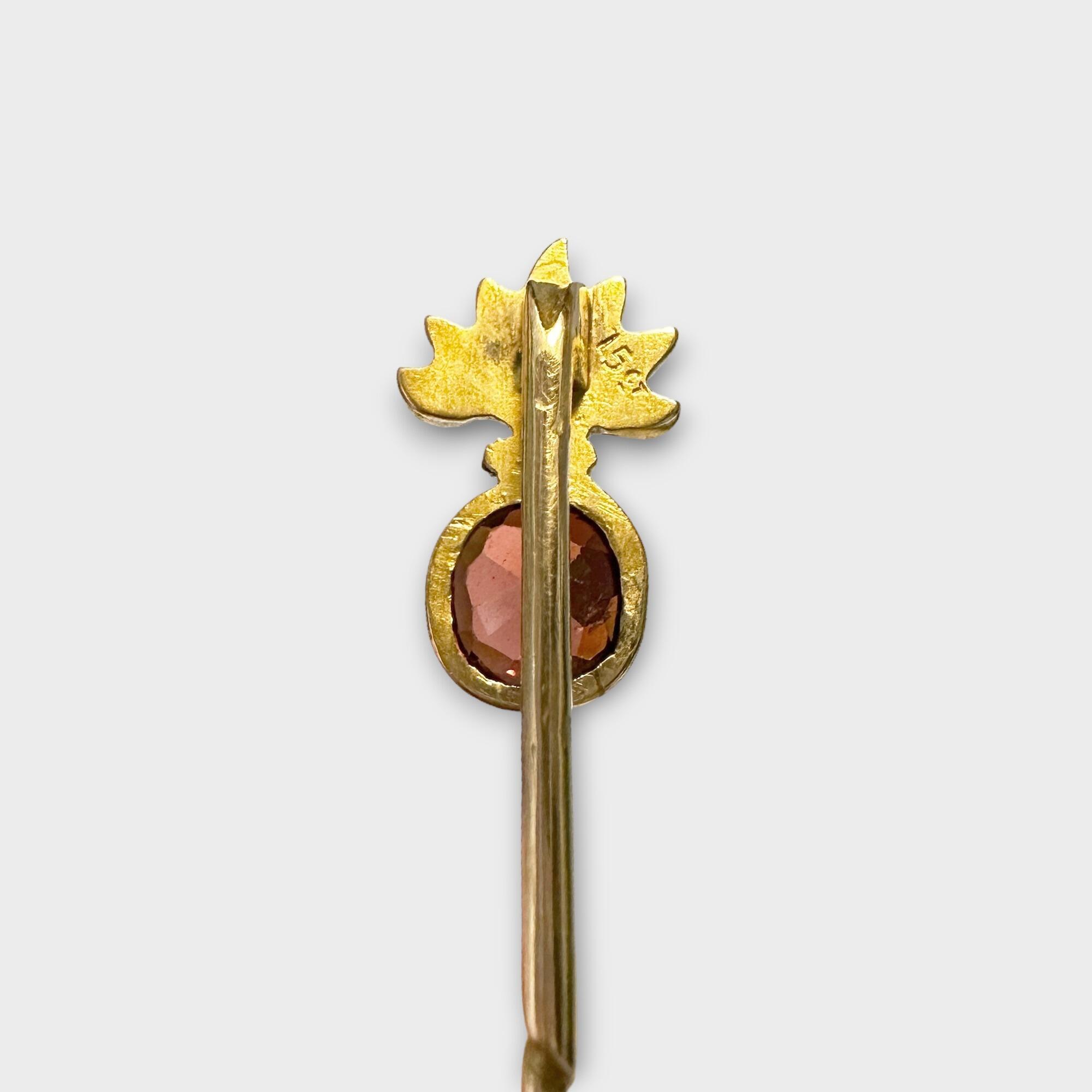 Antique Royal Fusiliers stickpin with 5mm hessonite garnet, Edwardian era, 15ct gold, original Moroccan leather box
