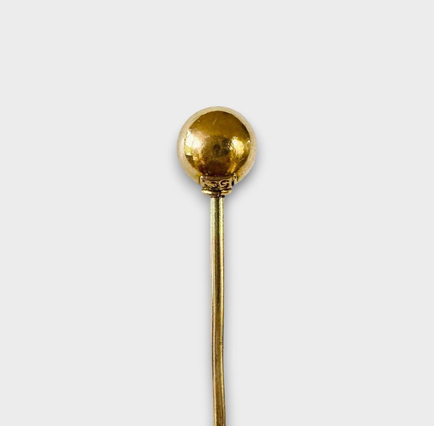 Antique 15ct yellow gold stickpin with 5.7mm polished sphere on 55mm barley twist pin, Victorian era, highly collectable accessory.