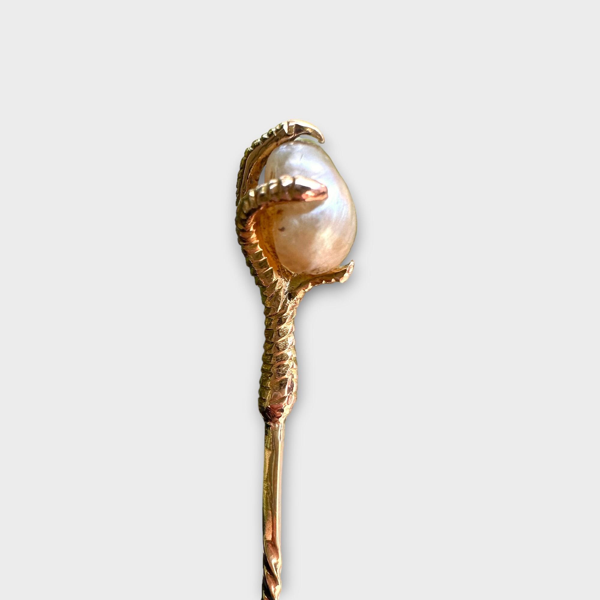 Victorian stickpin with 5.5x7.4mm natural pearl in eagle or dragon's claw, gold barley twist pin, perfect for vintage weddings.