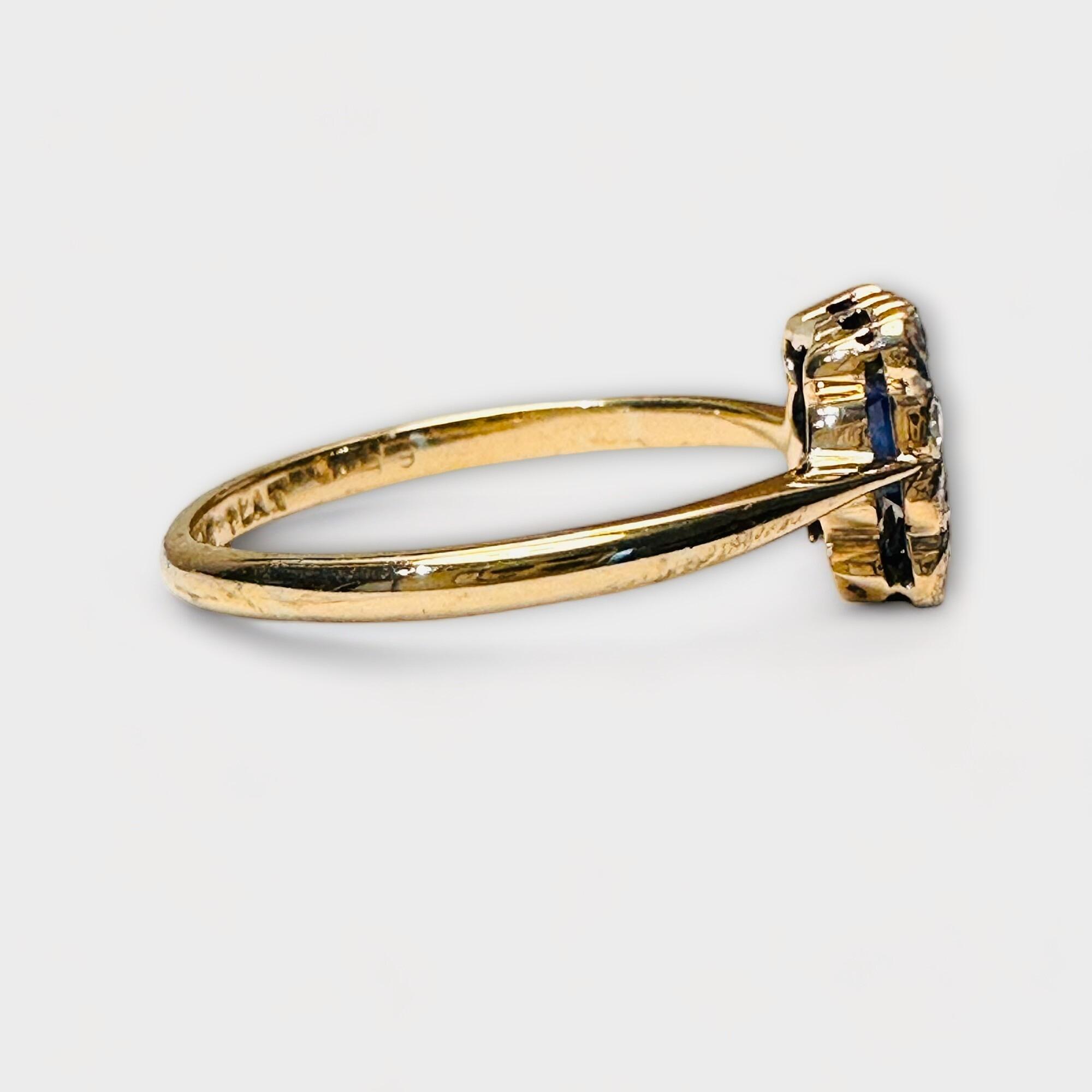 Art Deco square cluster ring with royal-blue sapphire, 12 diamonds in platinum setting, 18ct gold shank, perfect for daily wear.