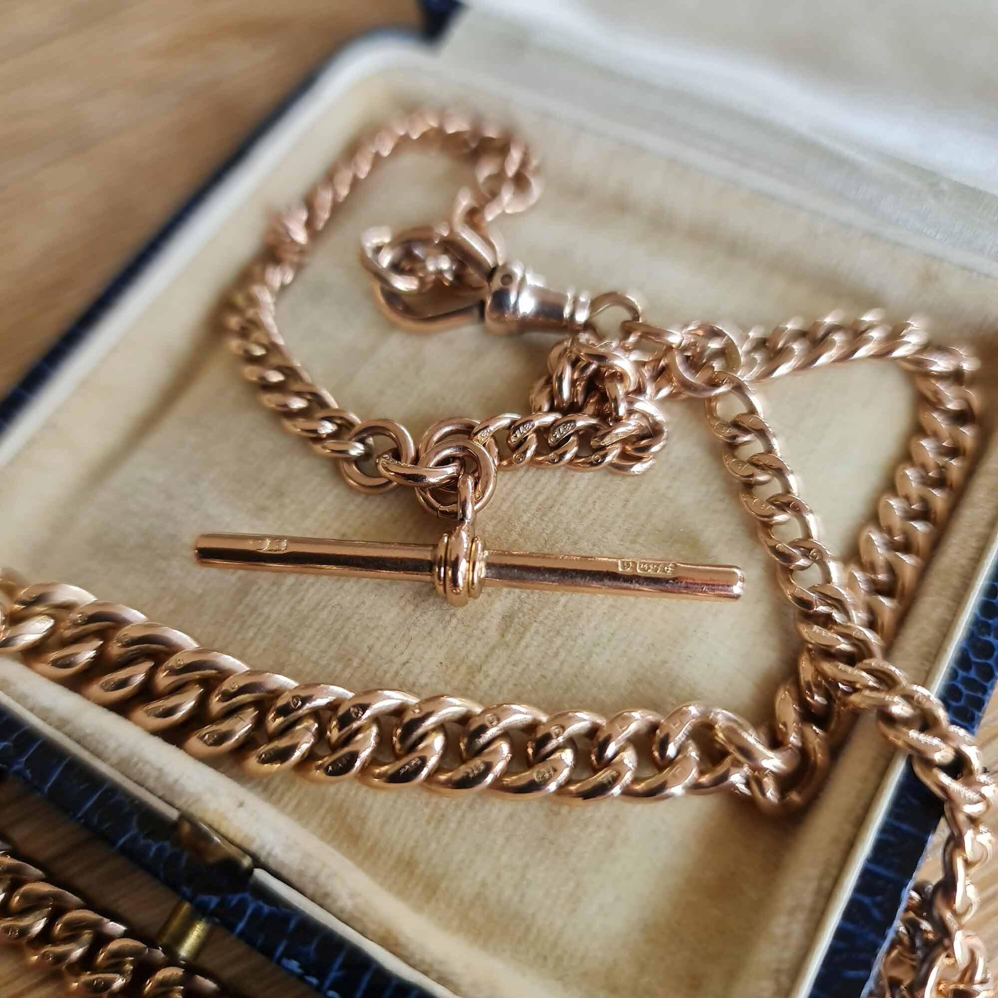 Antique rose gold Albert watch chain necklace with T-bar pendant & dog clip clasp. Stamped with 9ct gold hallmark & makers mark DB. Edwardian era.