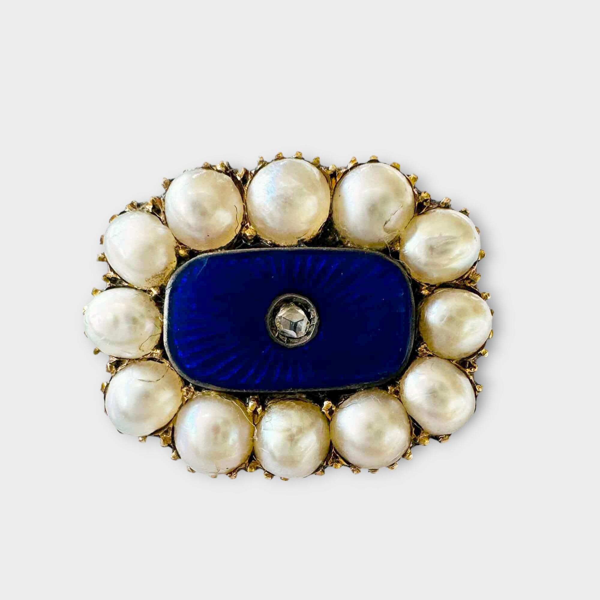 fichu pin brooch with blue guilloche enamel, pearl border and central diamond