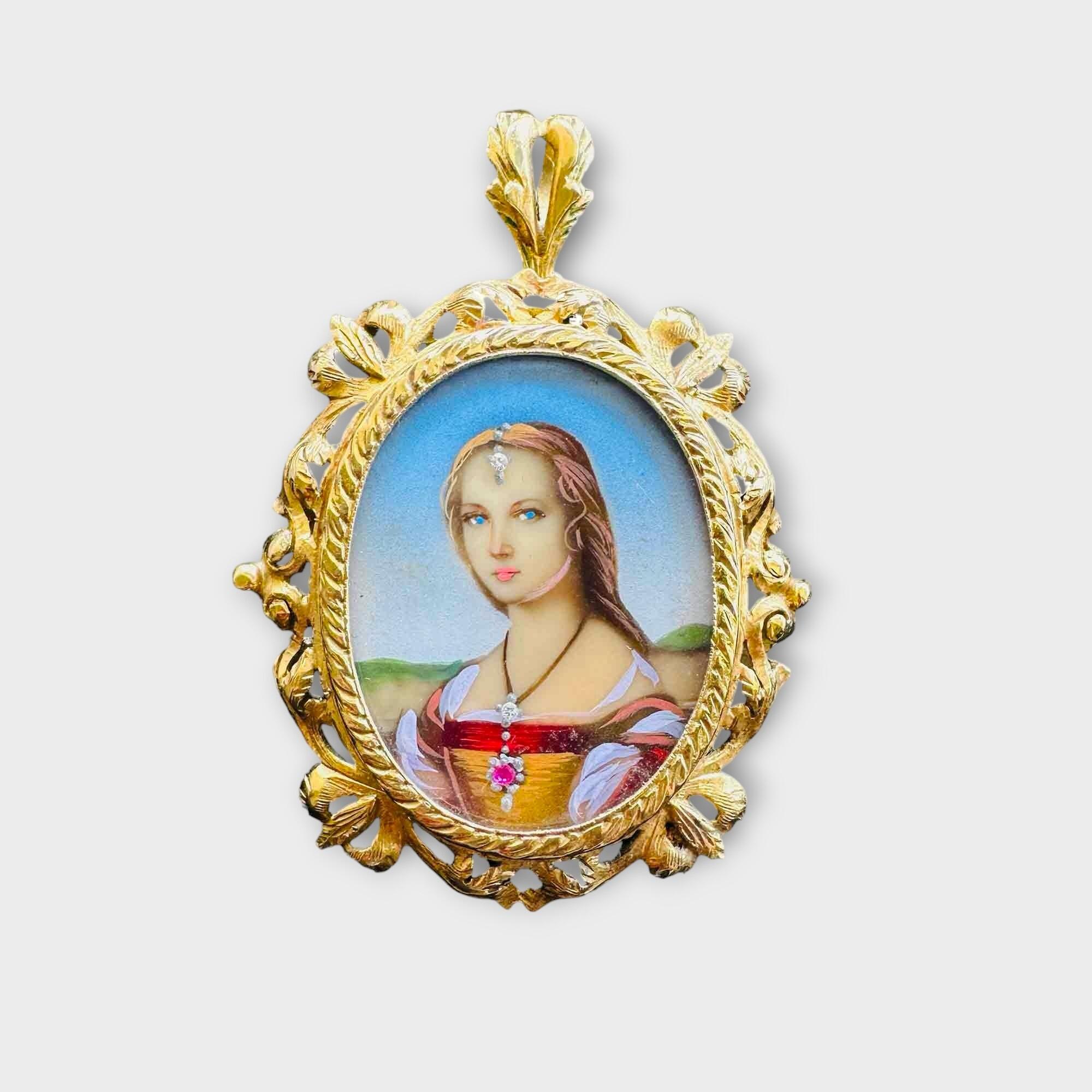 Hand painted portrait brooch of medieval damsel in evening wear with diamond headpiece and ruby necklace in 18ct gold Rococo frame