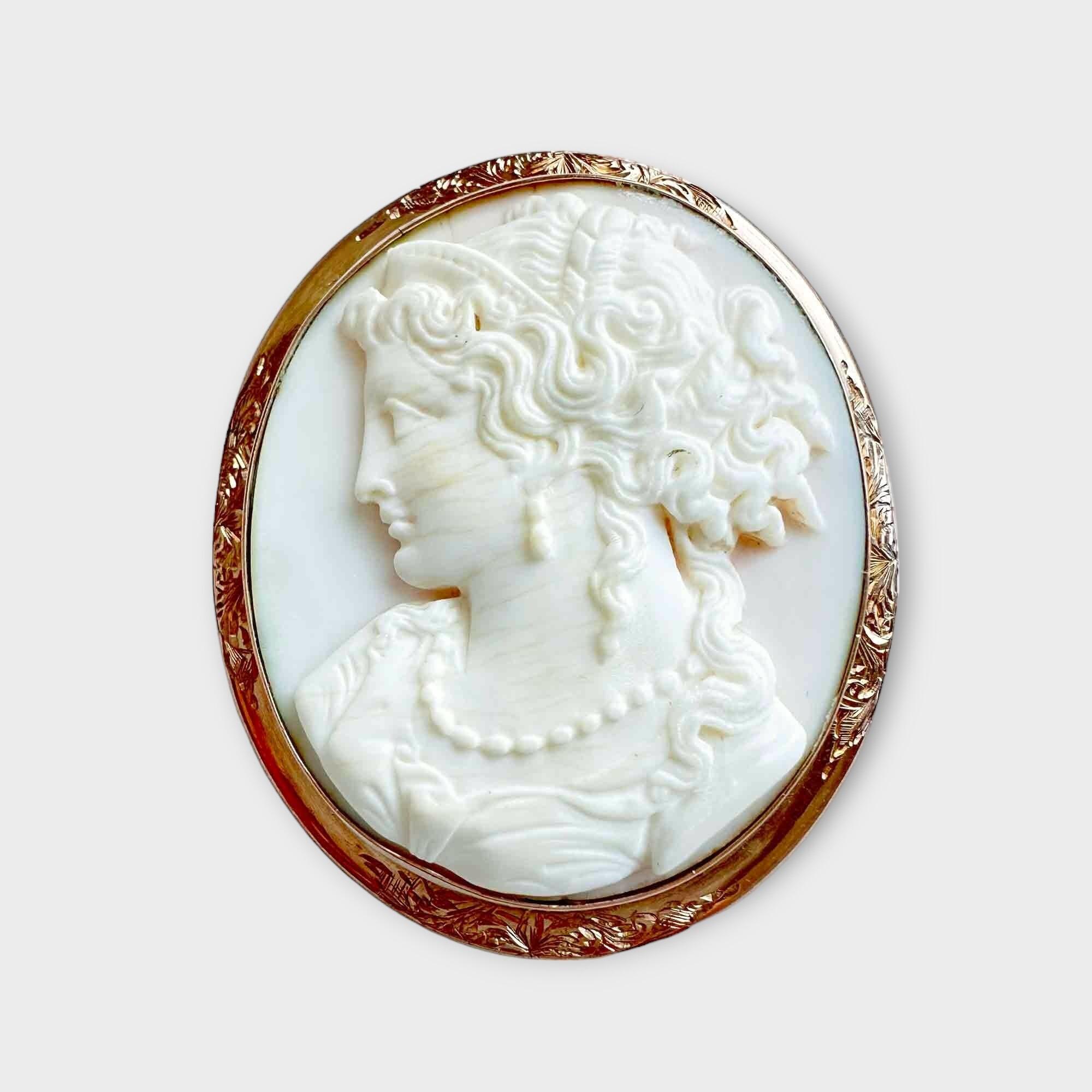 antique cameo carved conch shell brooch of Goddess Demeter