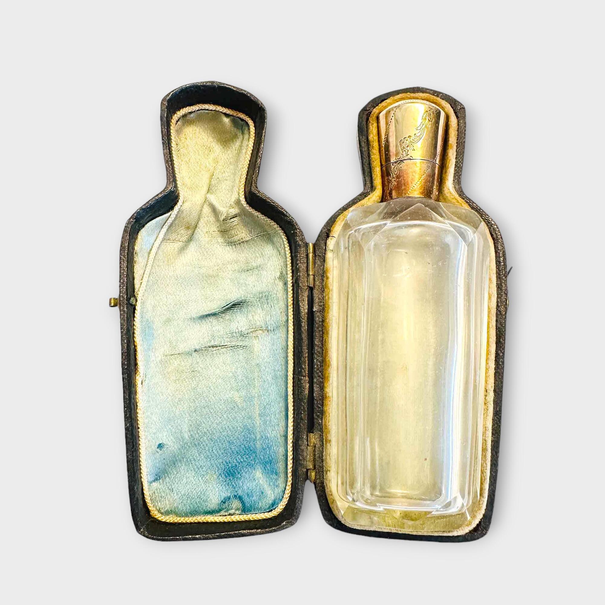 Dutch glass perfume scent bottle with gold lid in leather case