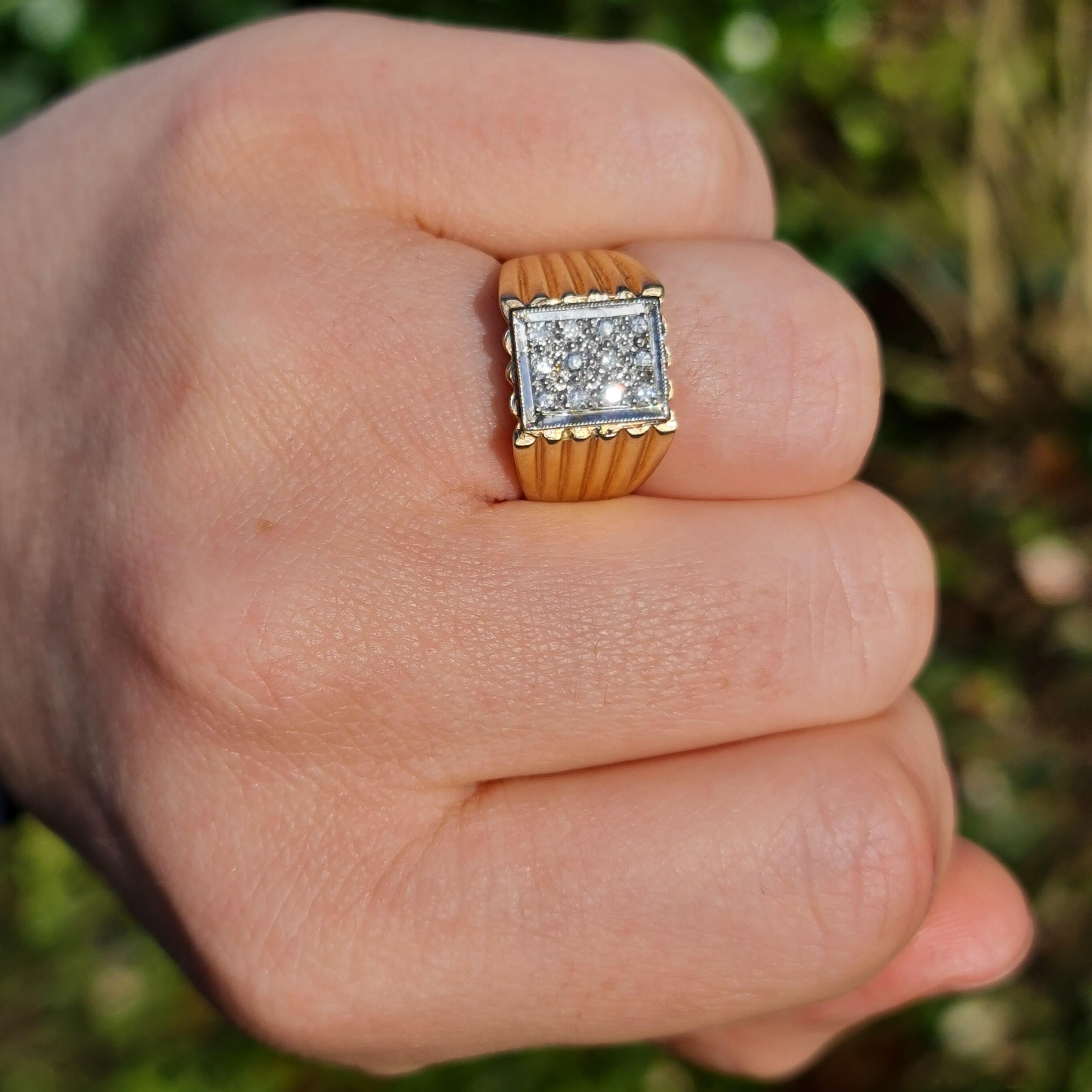 Vintage White Gold Diamond Signet Ring with Milgrain Detail