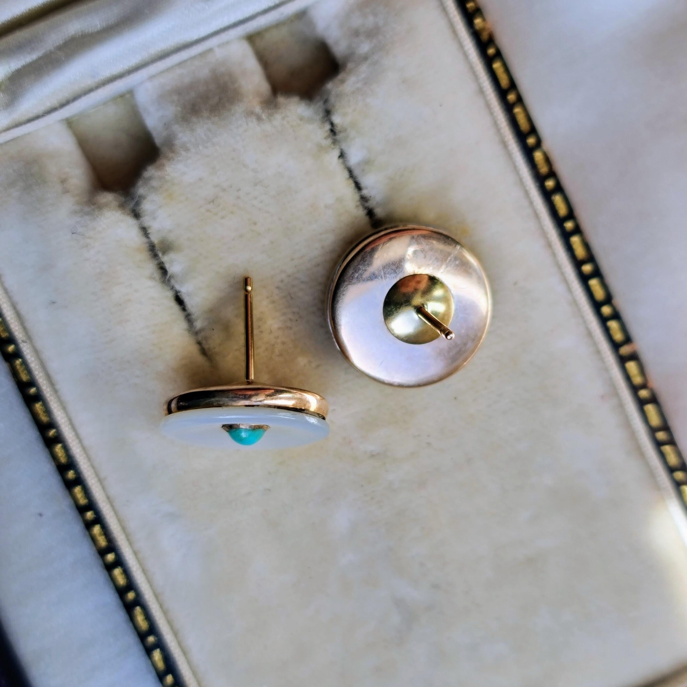 Vintage Mother of Pearl and Turquoise Stud Earrings in Rose Gold - Art Deco Style